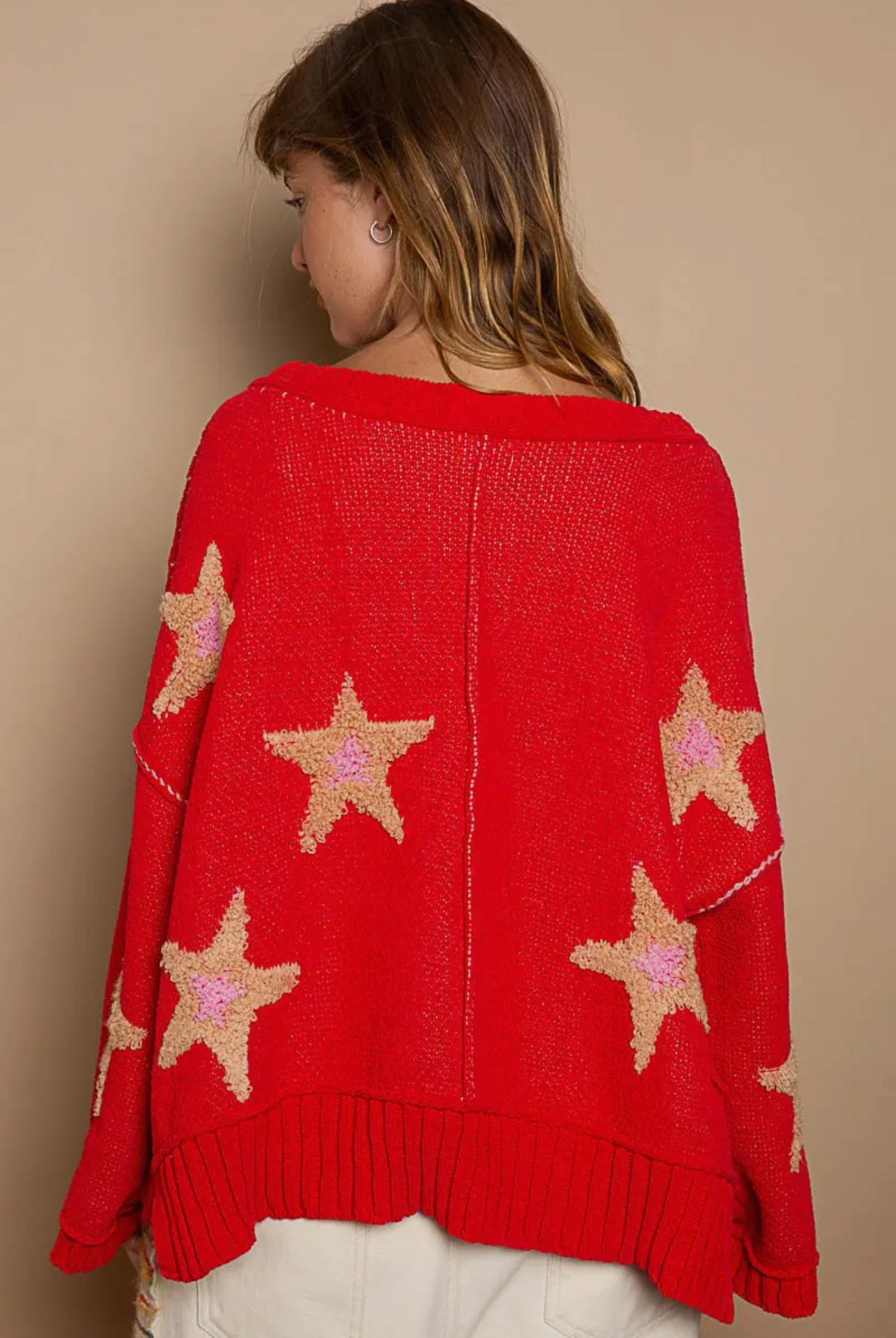 POL Apple Red Long Sleeve Star Patch Sweater Shirts & Tops