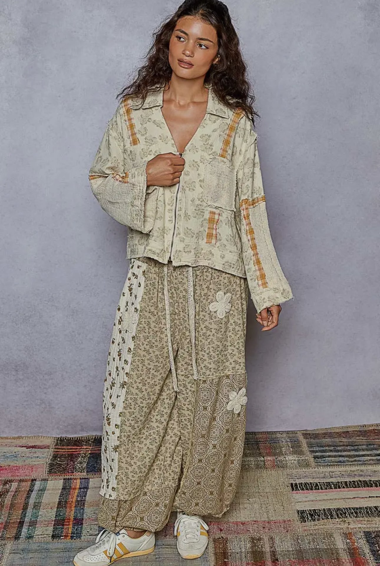 POL Plaid and Floral Crochet Patch Denim Jacket Coats & Jackets