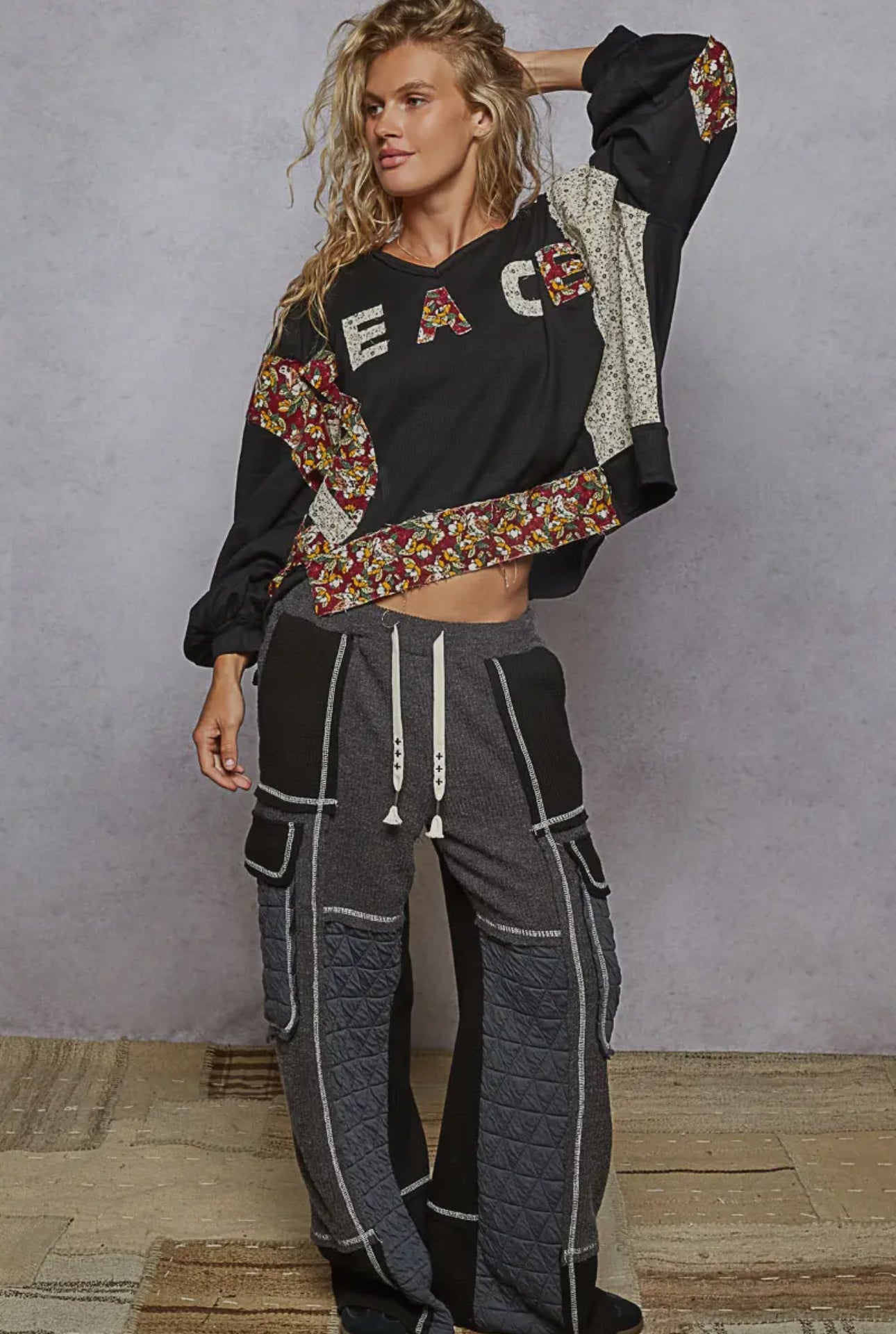 POL Black Peace Contrast Patch Floral Long Sleeve Hoodie