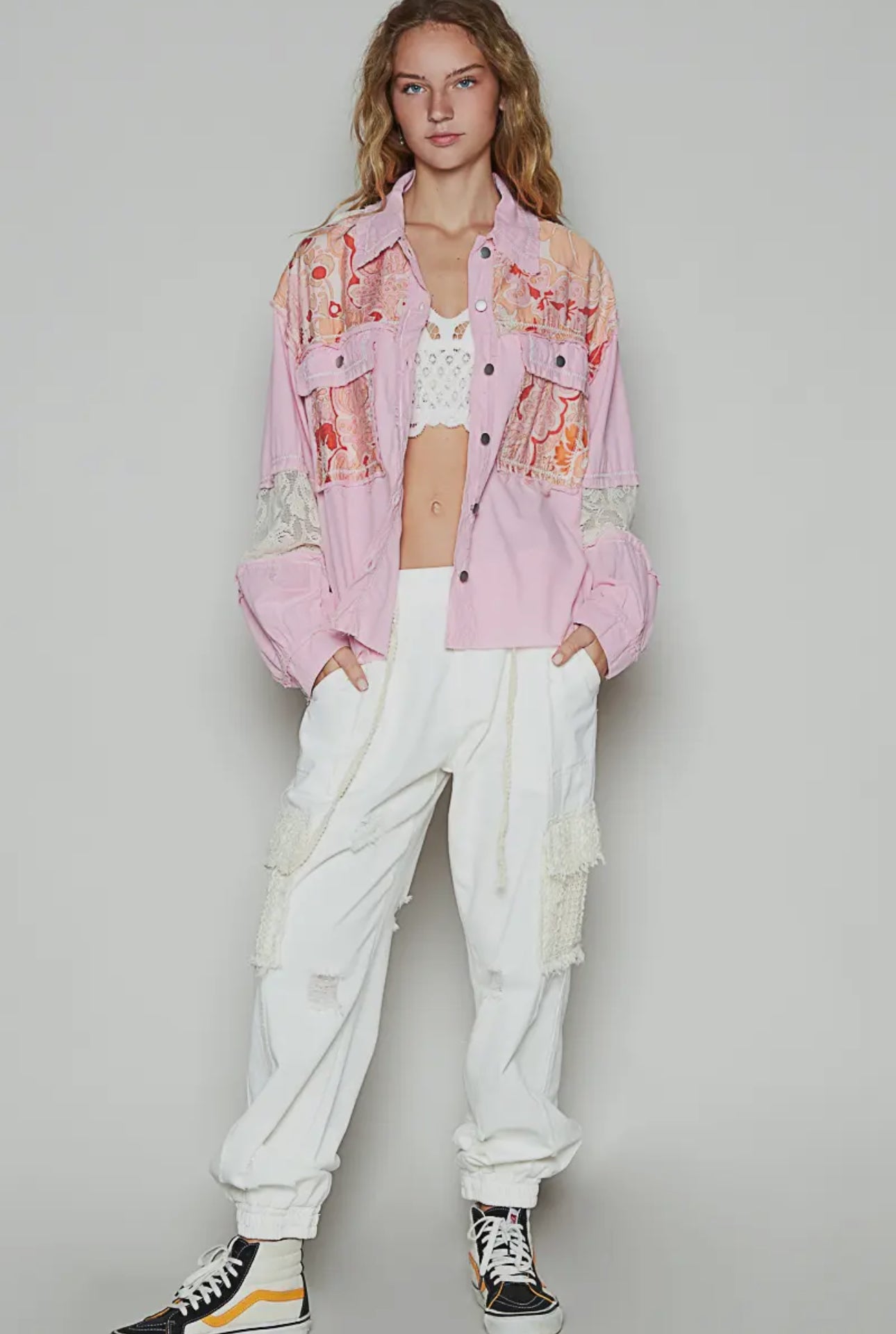 POL Pink Printed Woven Mix Raw Hem Denim Jacket with Lace Detail