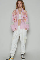 POL Pink Printed Woven Mix Raw Hem Denim Jacket with Lace Detail