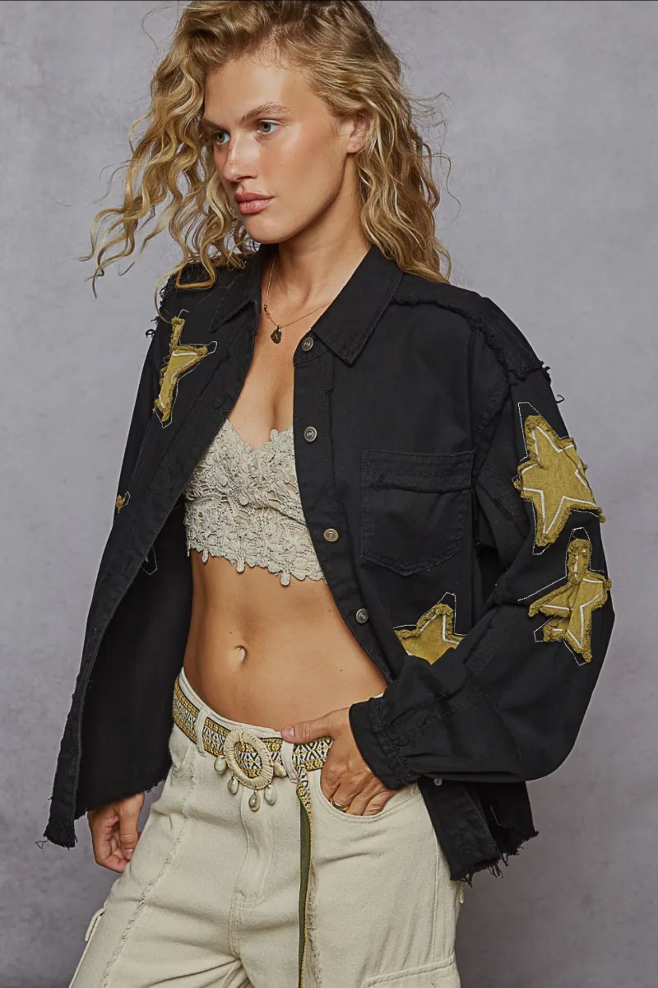 POL Black Star Patch Raw Hem Button Up Twill Denim Ballon Sleeve Jacket