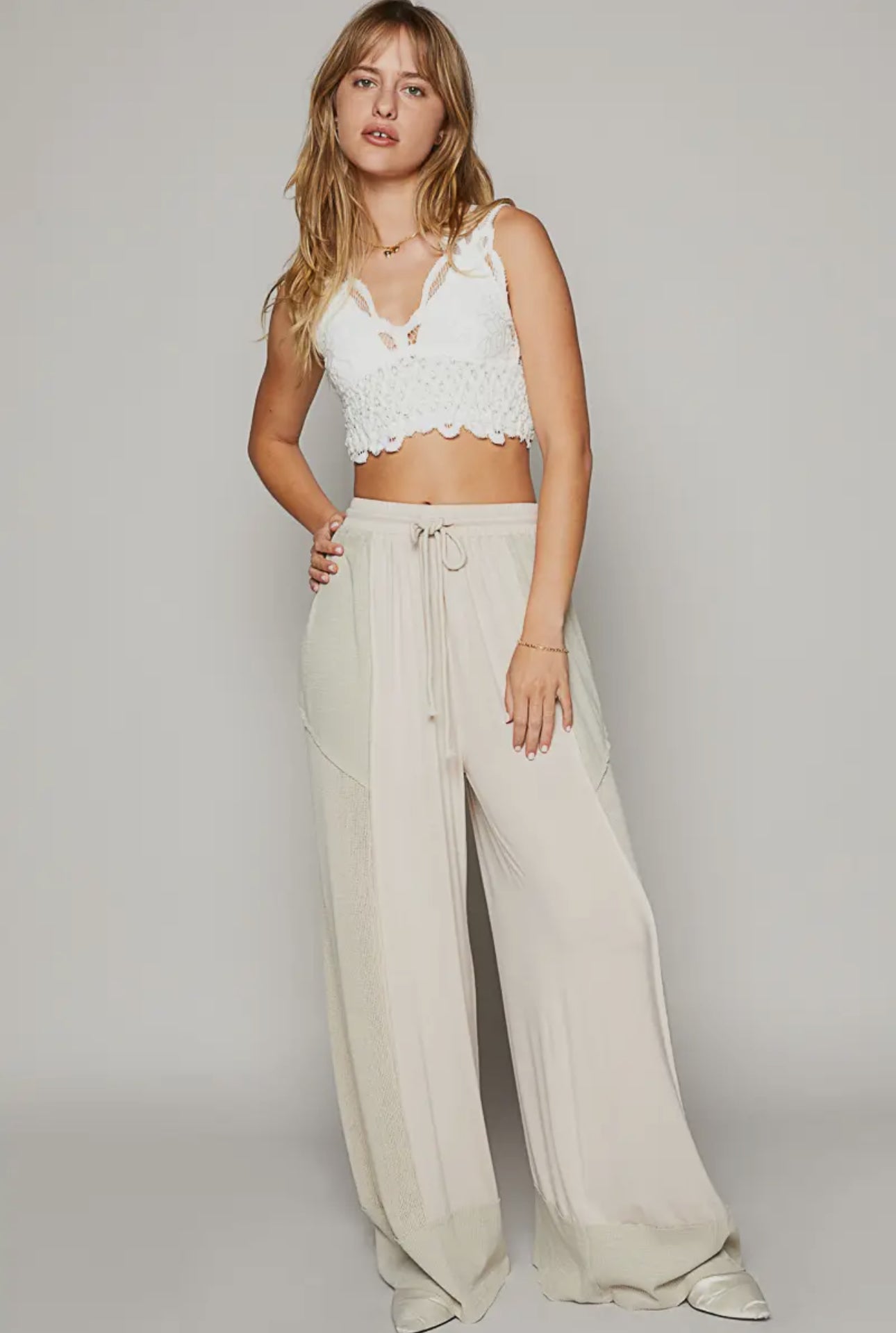 POL Oatmeal Drawstring Color Block Wide Leg Knit Pants