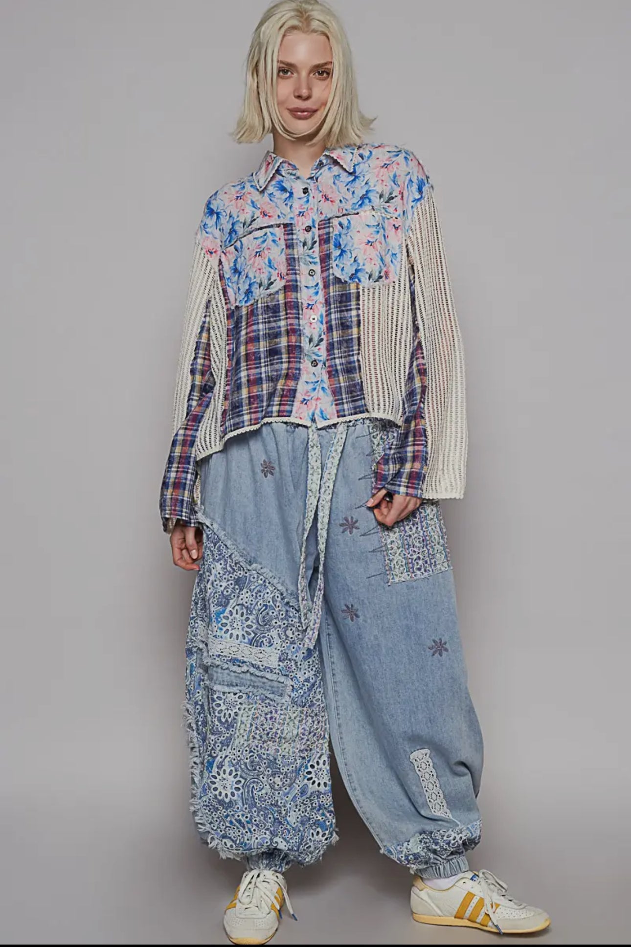 POL Long Sleeve Crochet Floral Print Slit Back Plaid Patchwork Shirt