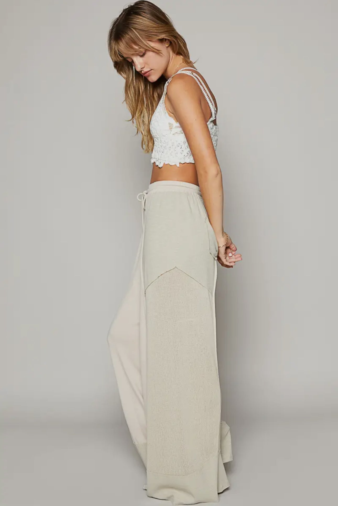 POL Oatmeal Drawstring Color Block Wide Leg Knit Pants