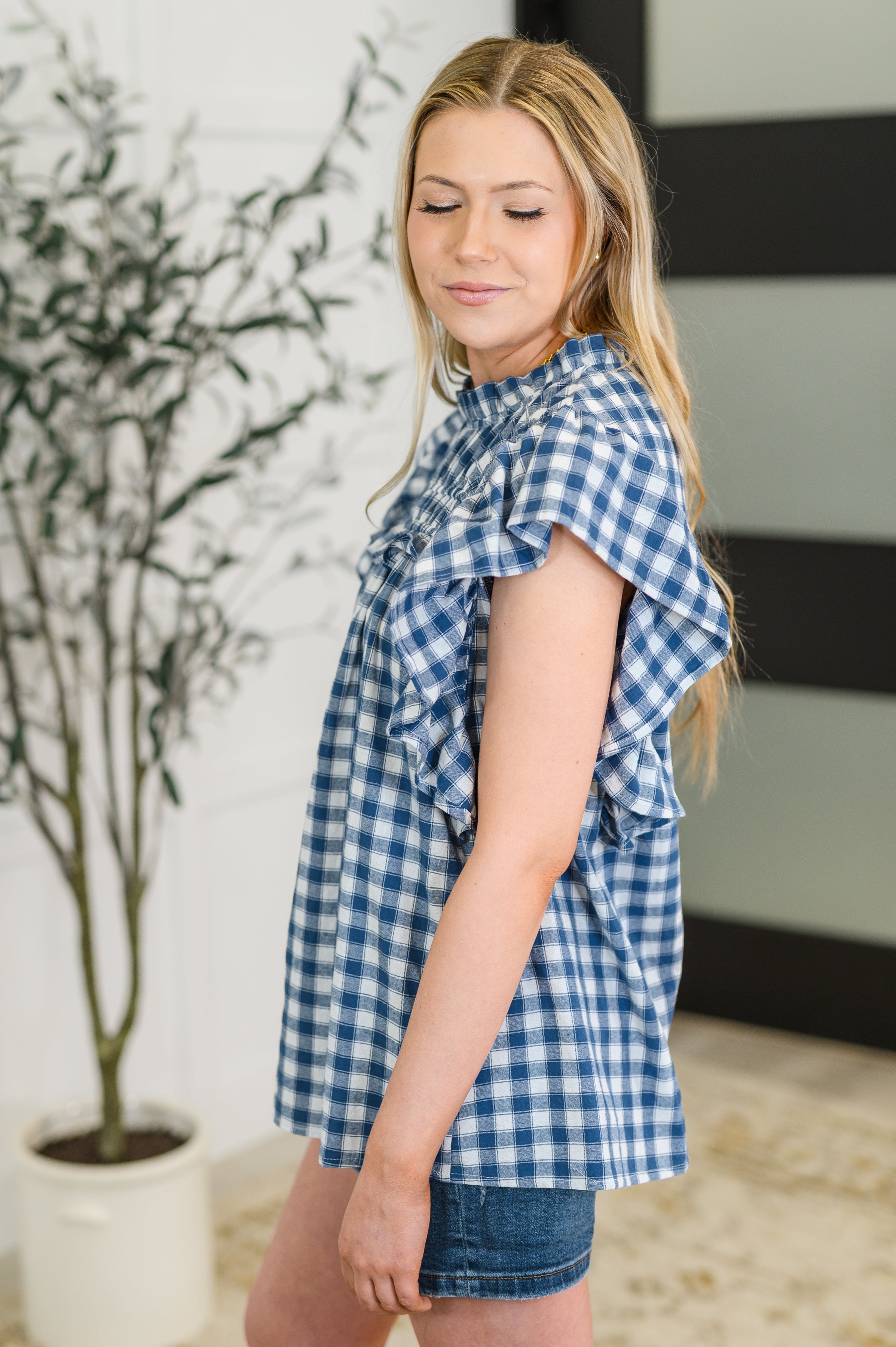 Haptics Garden at Goldenhour Flutter Sleeve Blouse in Blue Womens