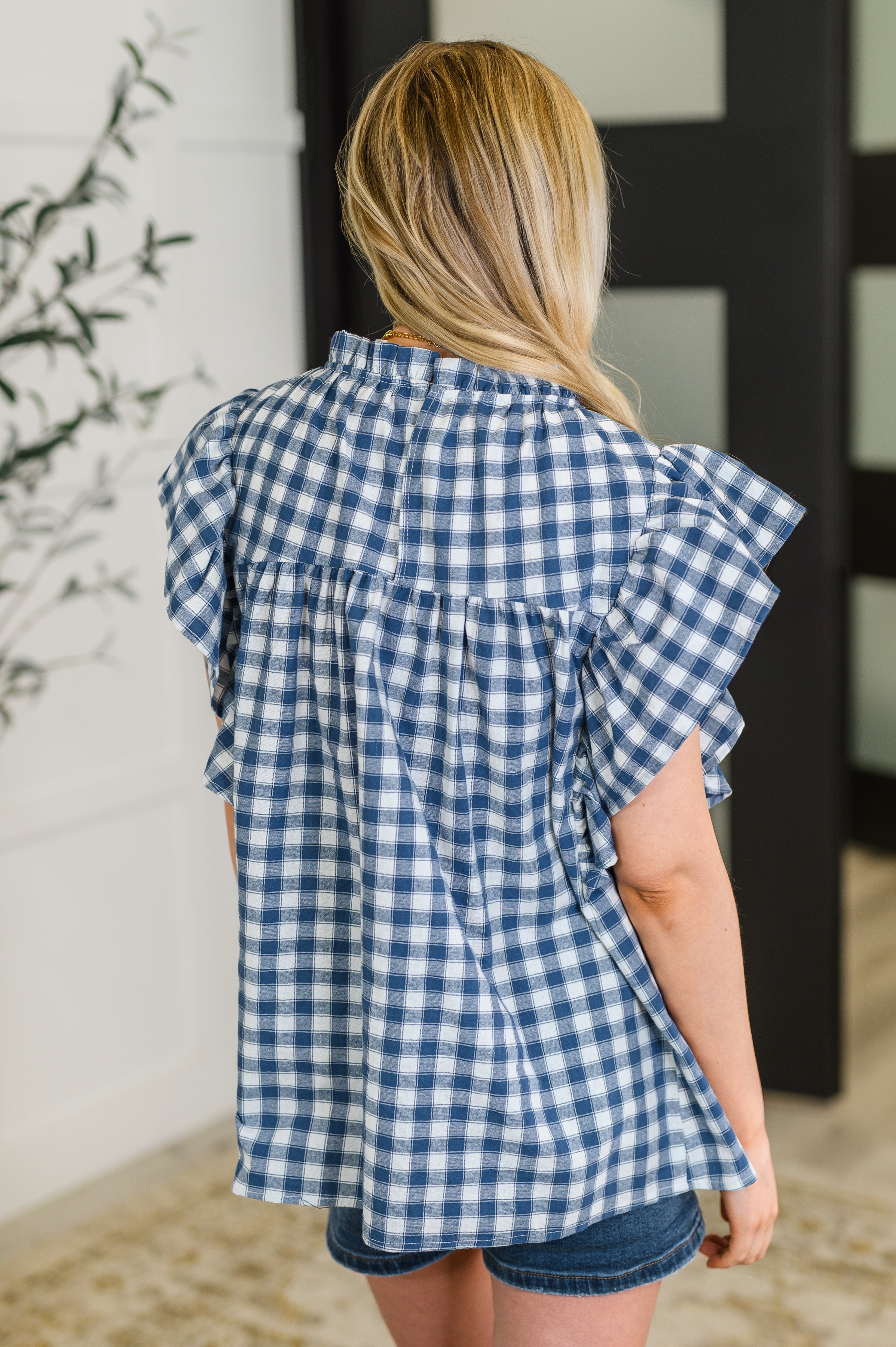 Haptics Garden at Goldenhour Flutter Sleeve Blouse in Blue Womens