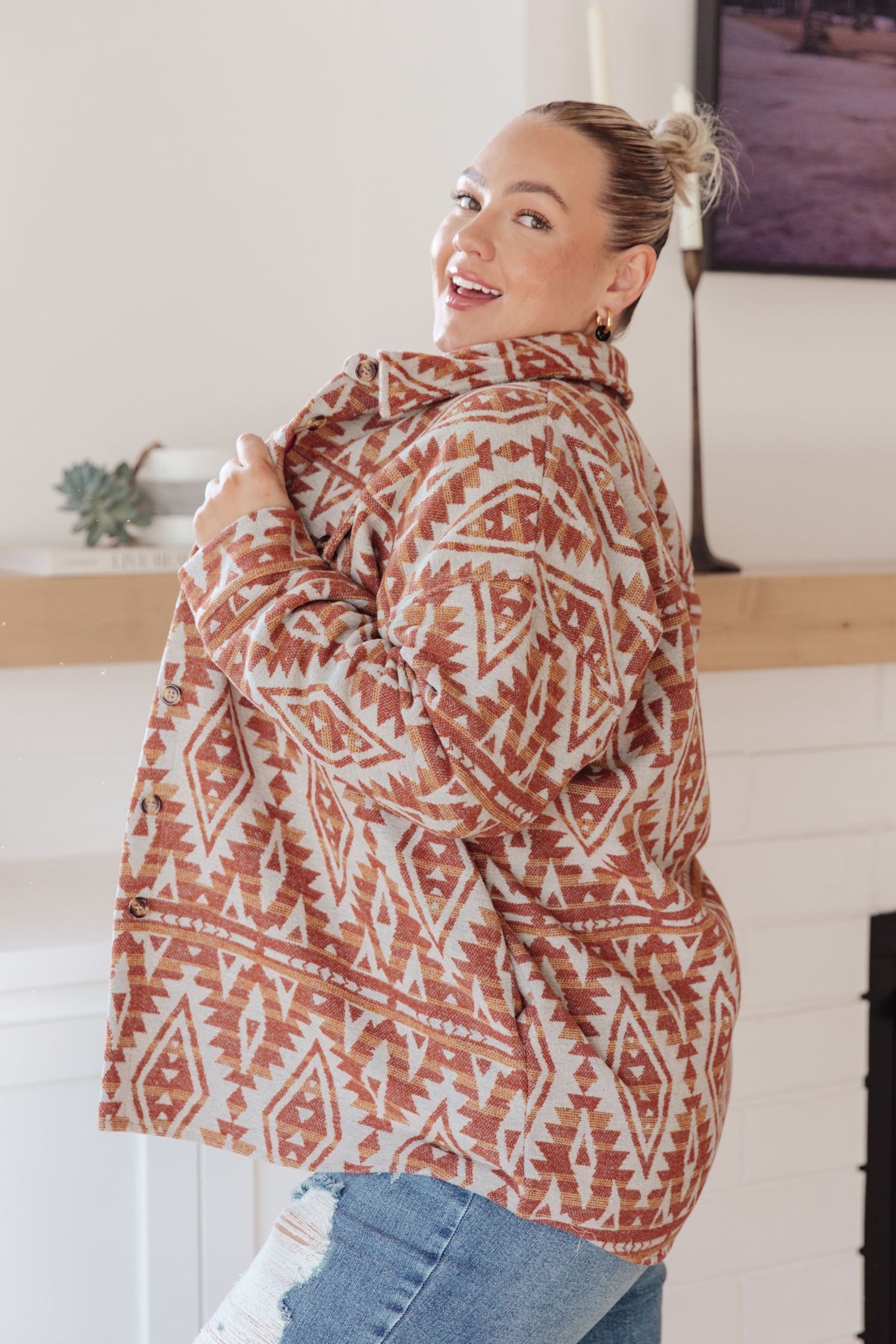 Haptics Gather Round Aztec Shacket Layers
