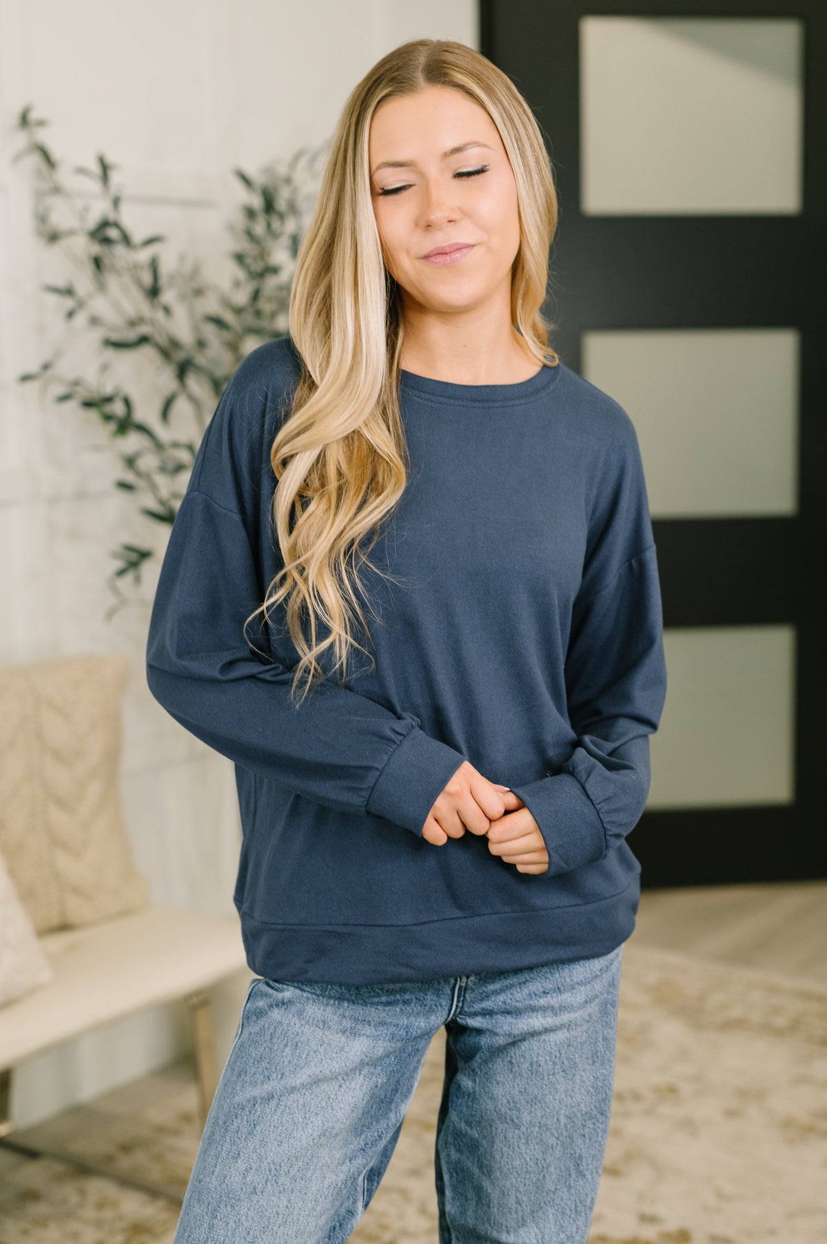 Zenana Genuine Interest Blue Long Sleeve Top Large Womens