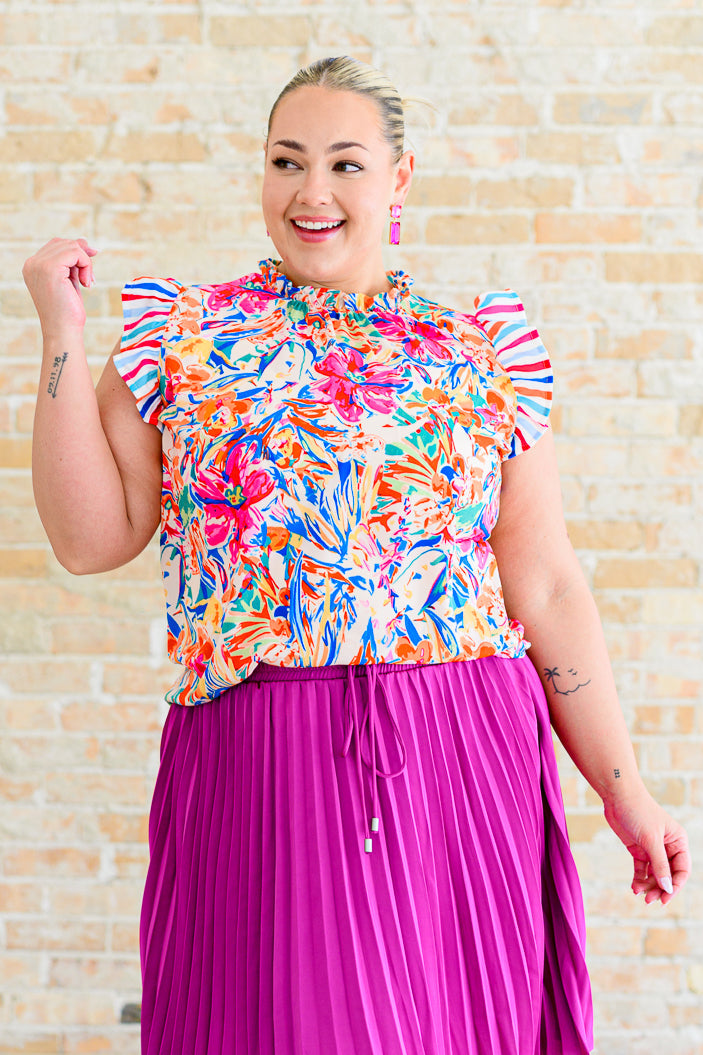 One Eleven North Get Out of Town Floral Ruffle Cap Sleeve Top Tops