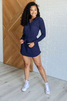 Rae Mode Getting Out Long Sleeve Hoodie Romper in Navy Jumpsuits & Rompers