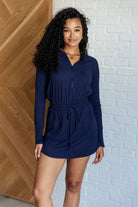 Rae Mode Getting Out Long Sleeve Hoodie Romper in Navy Jumpsuits & Rompers