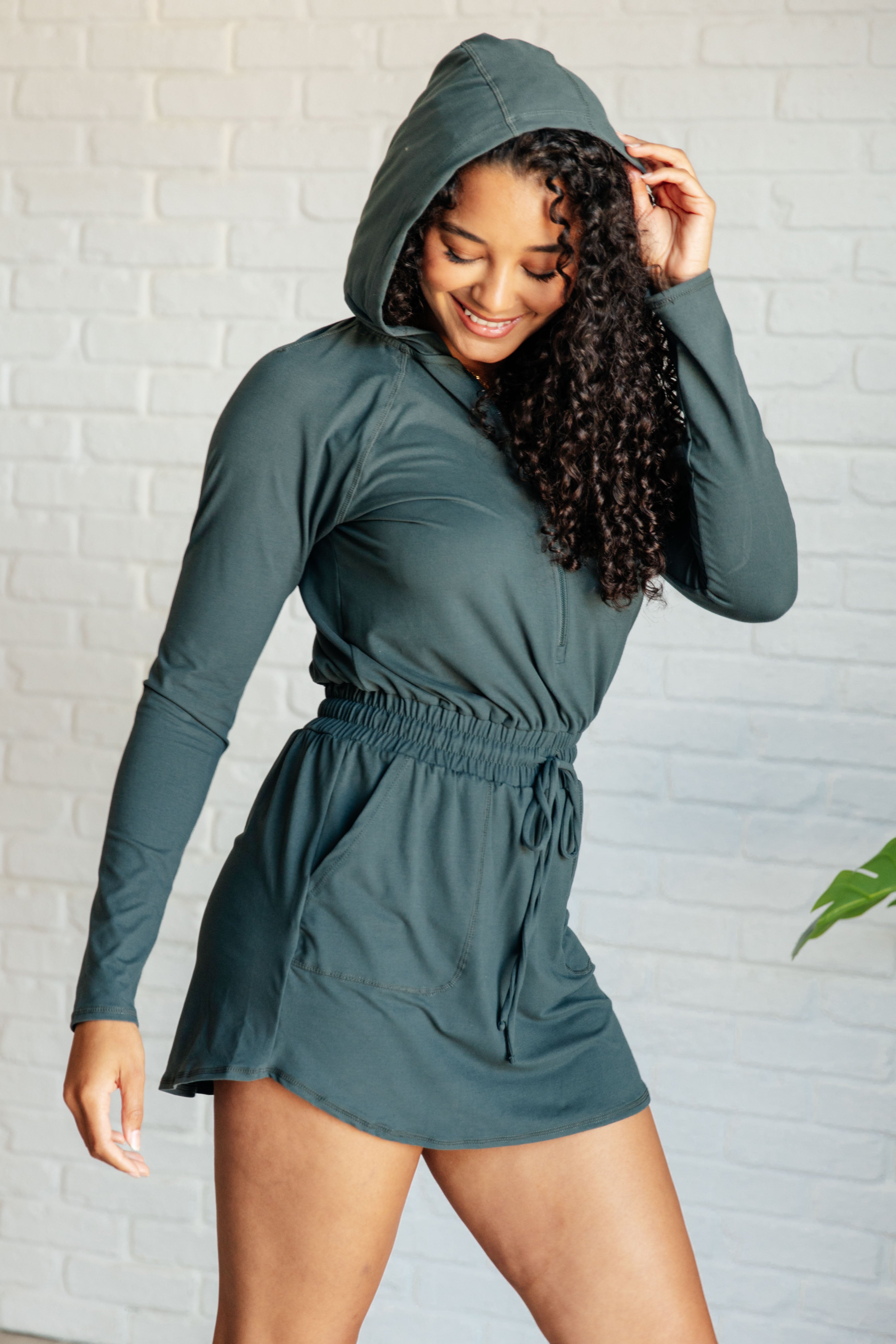 Rae Mode Getting Out Long Sleeve Hoodie Romper in Smoked Spruce Jumpsuits & Rompers