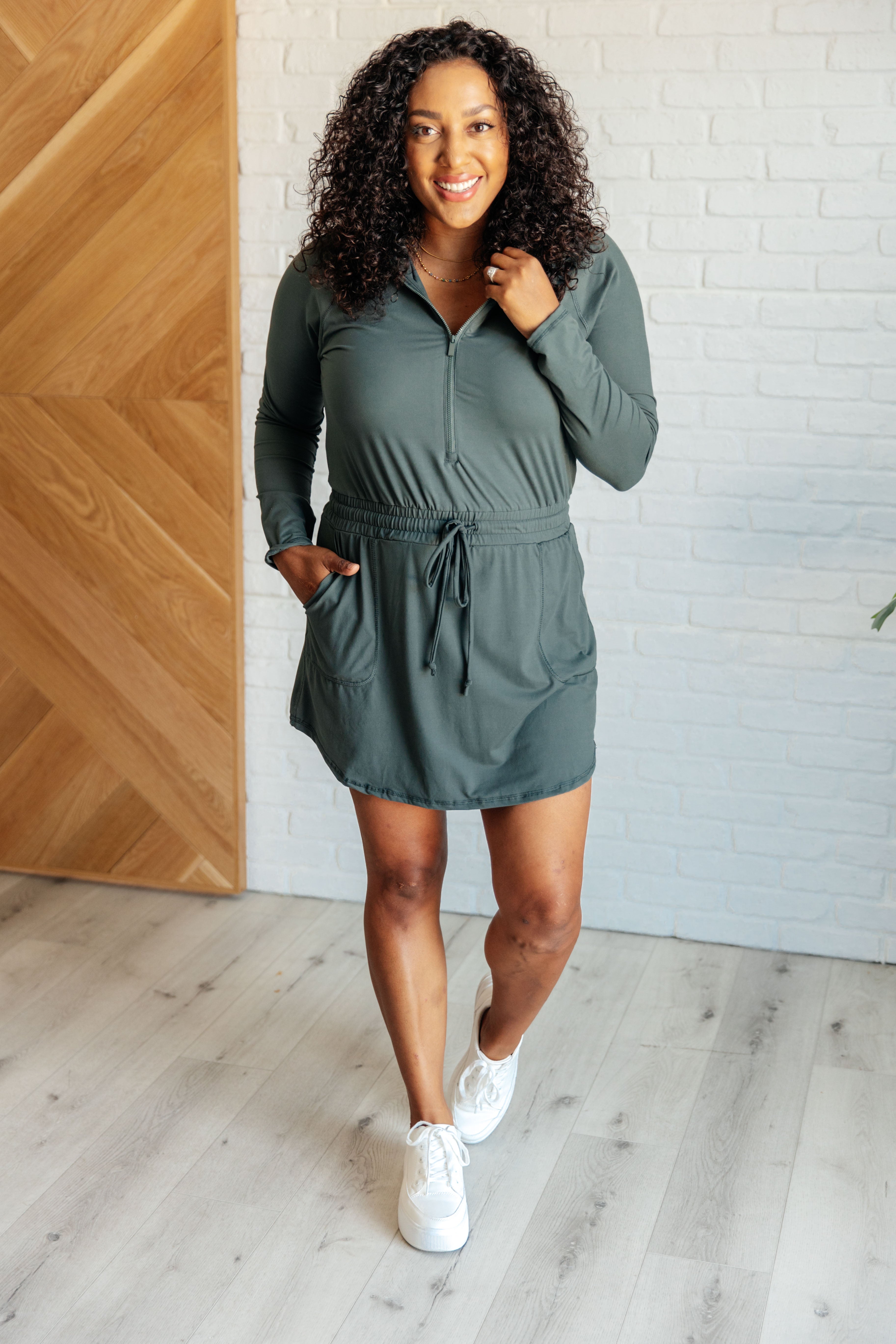 Rae Mode Getting Out Long Sleeve Hoodie Romper in Smoked Spruce Jumpsuits & Rompers