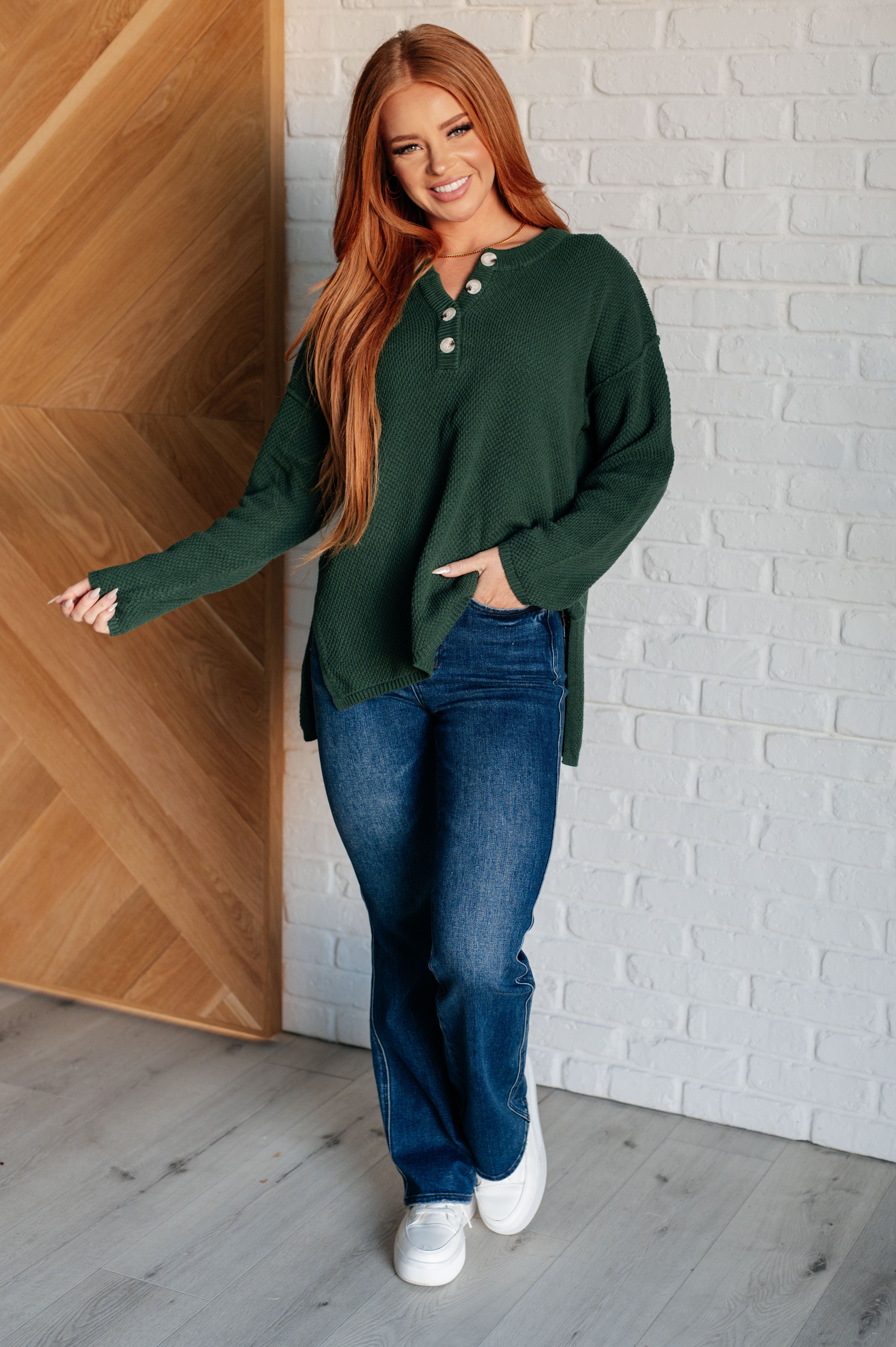 Andree by Unit Good Afternoon Henley Sweater in Dark Green Tops