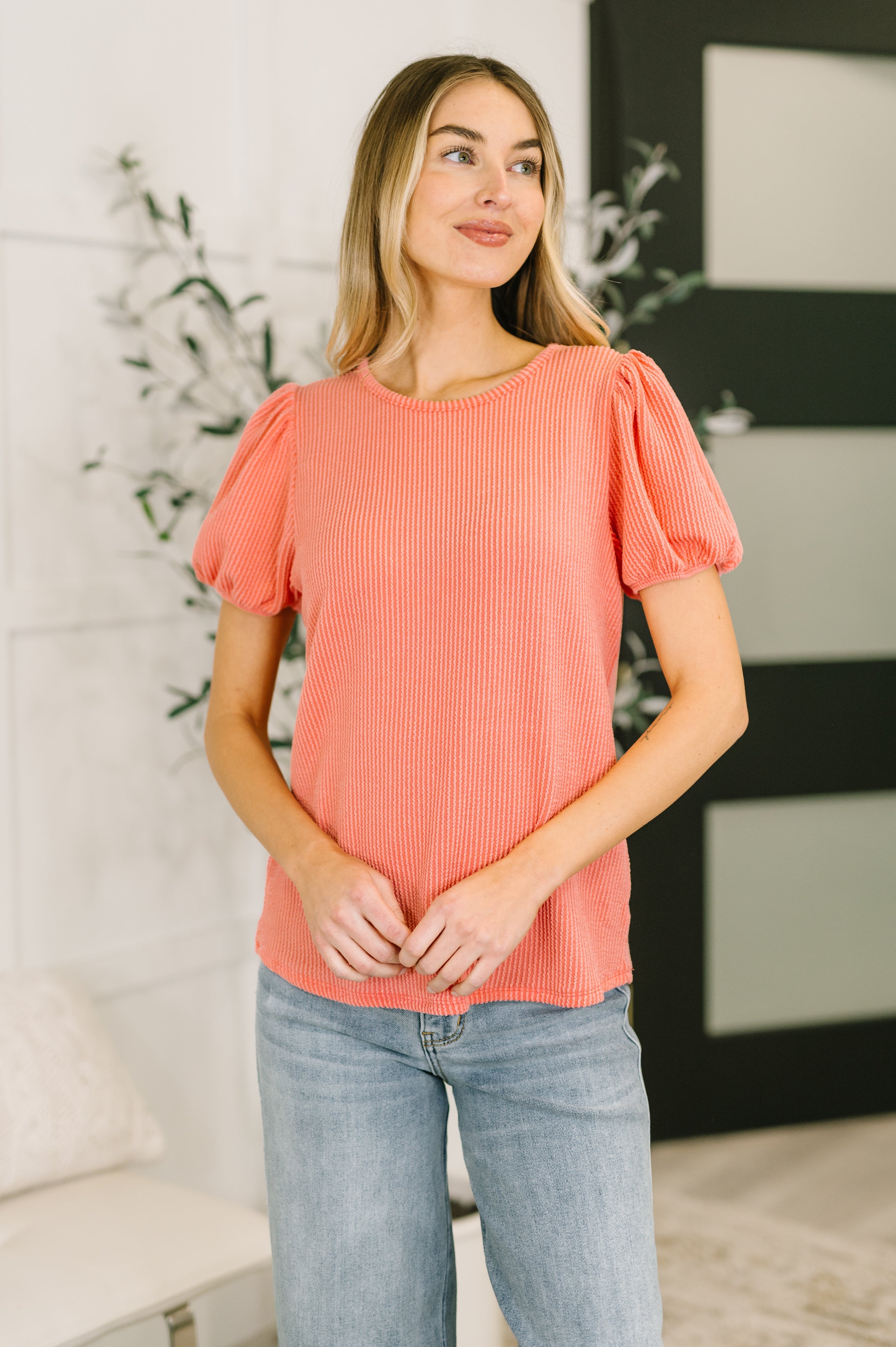 Zenana Grace & Virtue Balloon Sleeve Blouse in Coral Womens