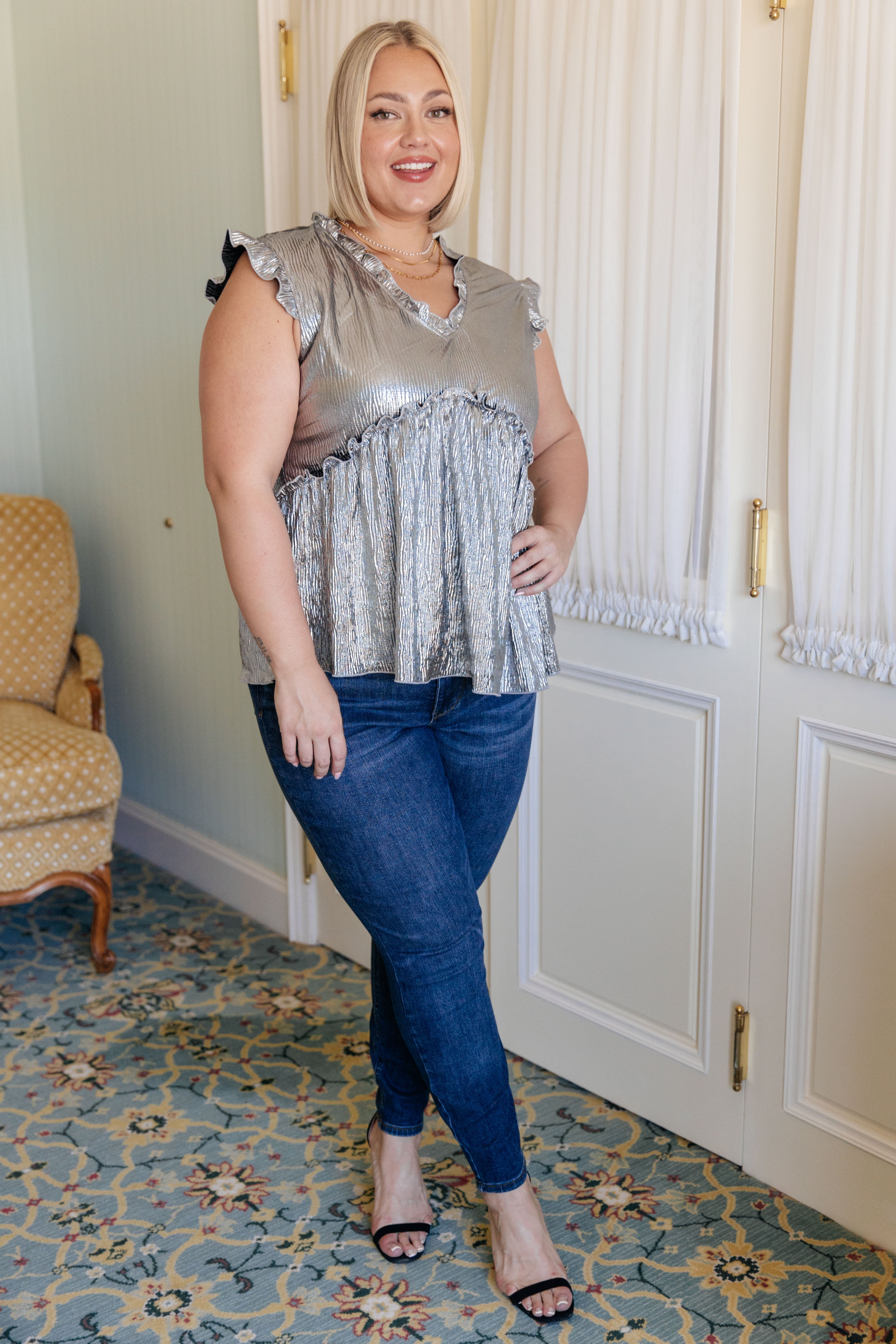 One Eleven North Shine On Metallic Peplum Top Shirts & Tops