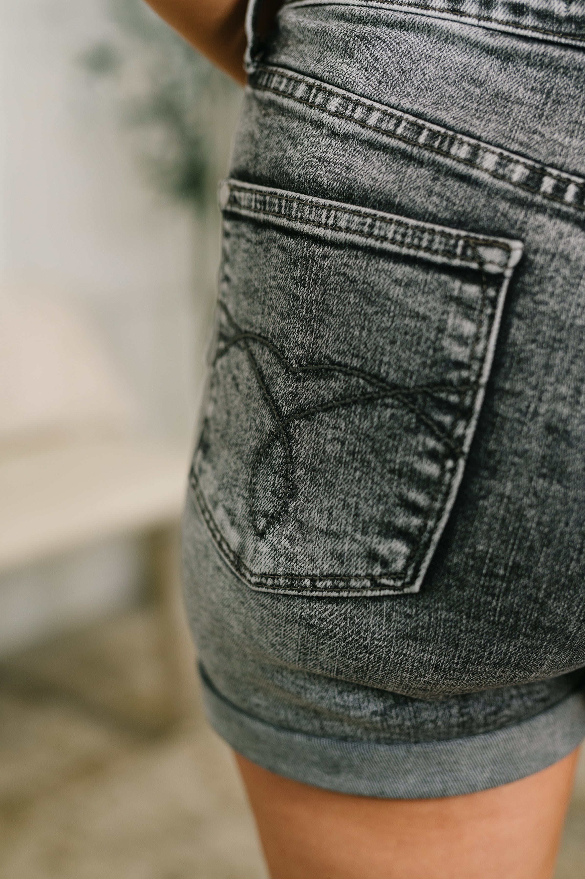 Greyson High Rise Button Fly Cuffed Shorts in Grey Denim