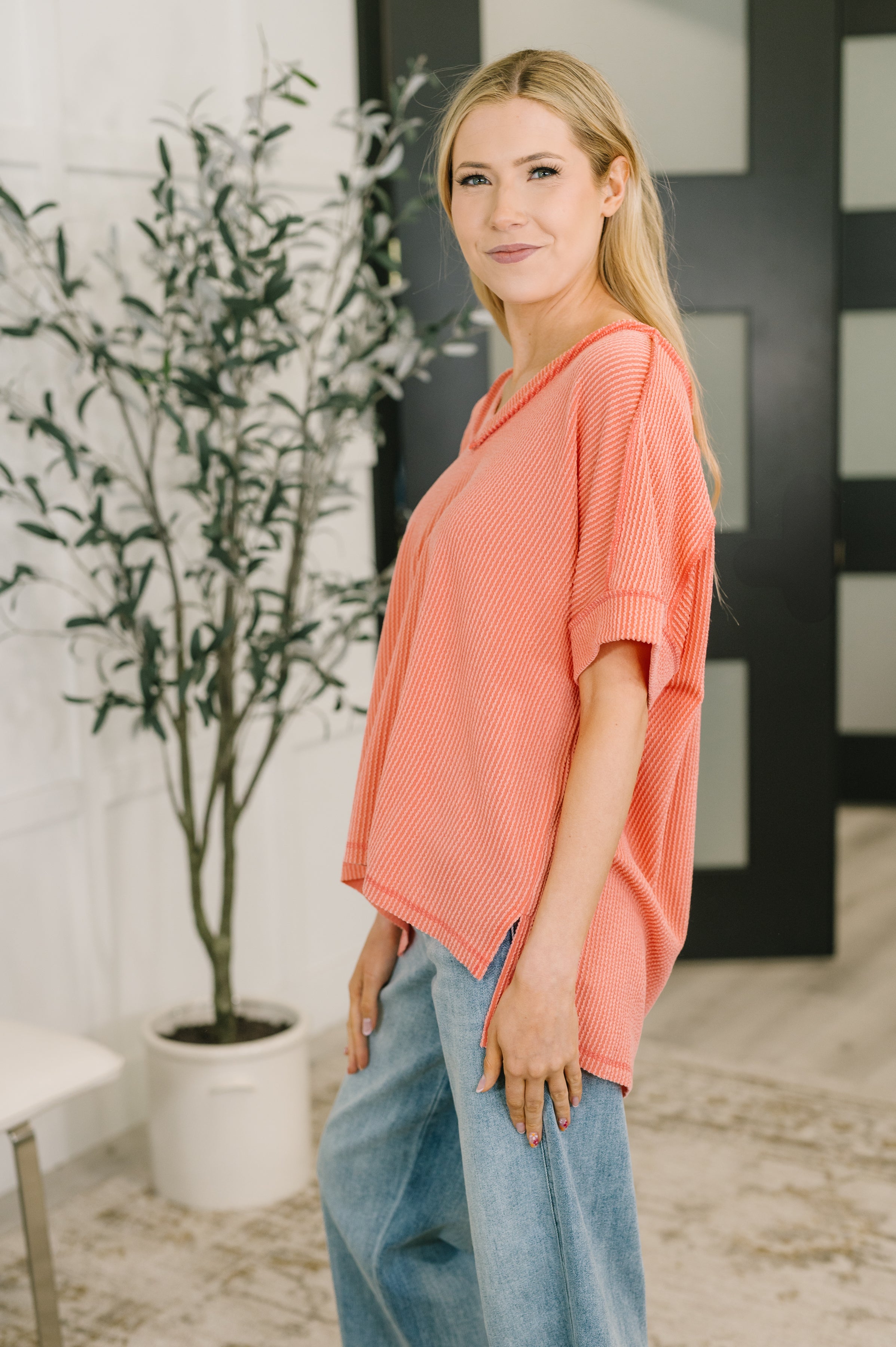 Zenana Growing Restless V-Neck Tee in Coral Womens