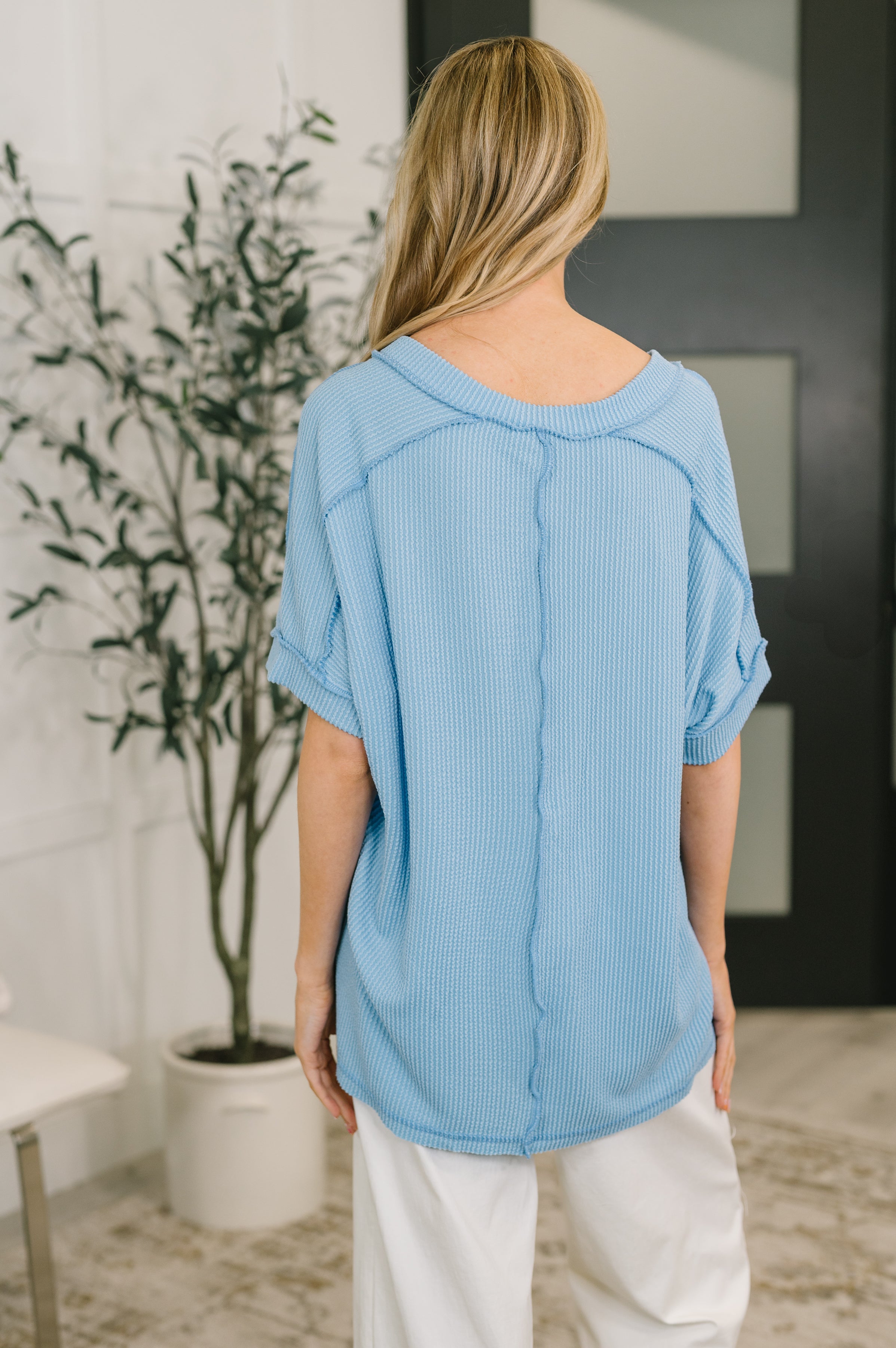 Zenana Growing Restless V-Neck Tee in Spring Blue Womens