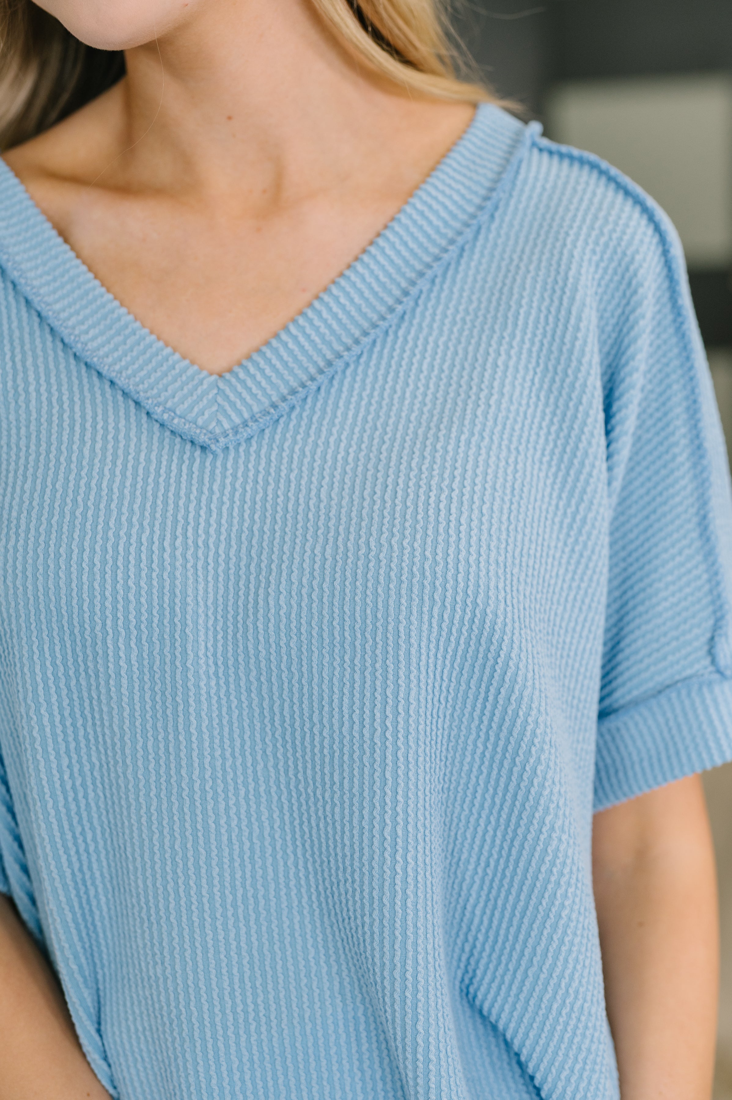 Zenana Growing Restless V-Neck Tee in Spring Blue Womens