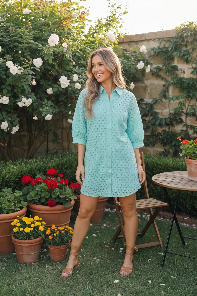 Jodifl Mint Eyelet Button Front Shirt Dress