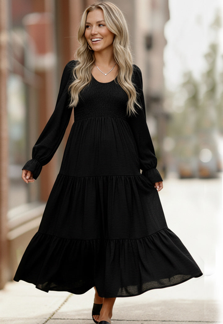 Haptics Black Long Sleeve Smocked Tiered Maxi Dress