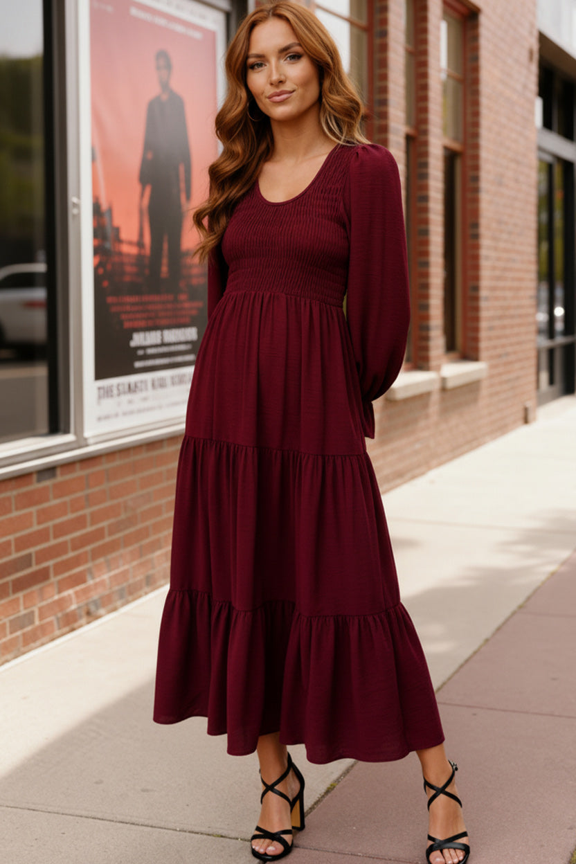 Haptics Burgundy Long Sleeve Tiered Maxi Dress