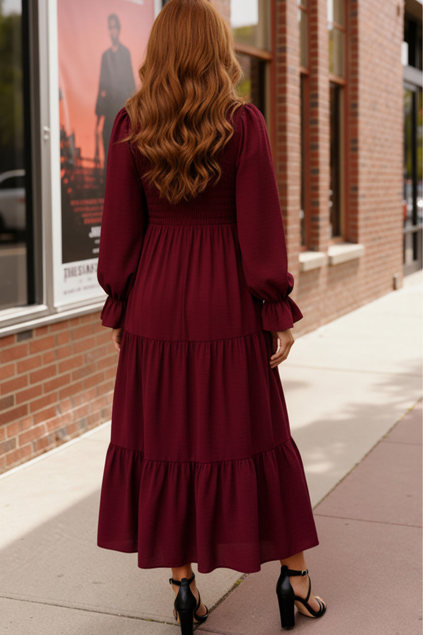 Haptics Burgundy Long Sleeve Tiered Maxi Dress