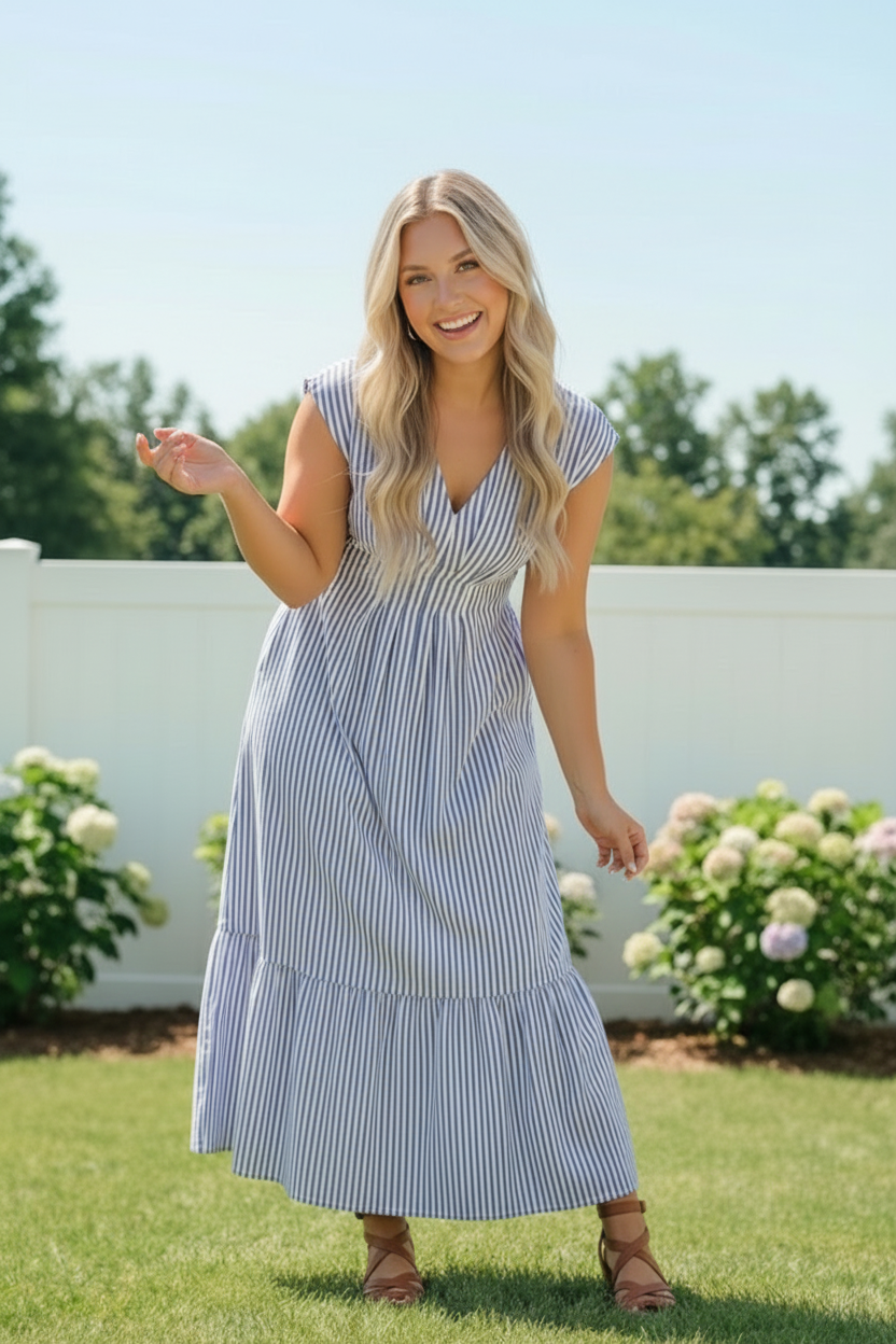 Haptics Sunny Days Striped Pleated Back Smocked Waist Stripe Woven Maxi Dress