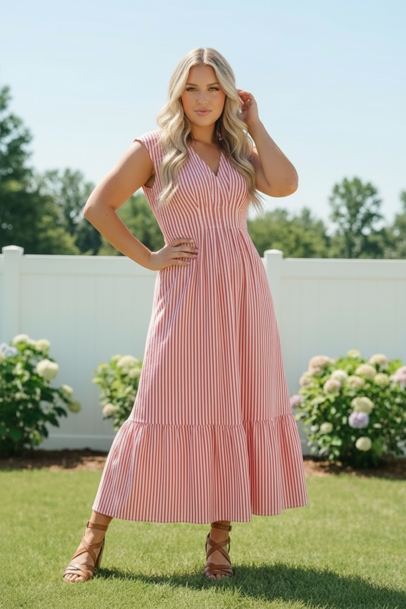 Haptics Sunny Days Striped Pleated Back Smocked Waist Stripe Woven Maxi Dress in Red