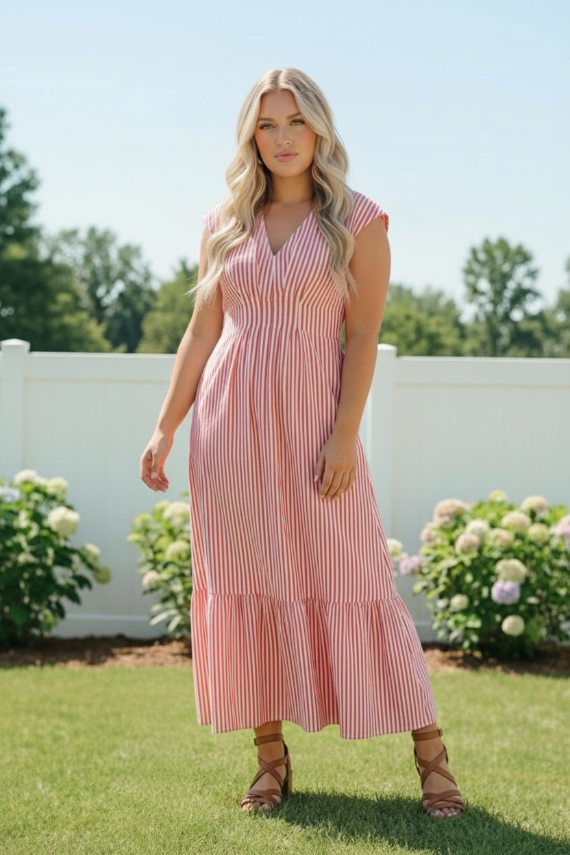 Haptics Sunny Days Striped Pleated Back Smocked Waist Stripe Woven Maxi Dress in Red