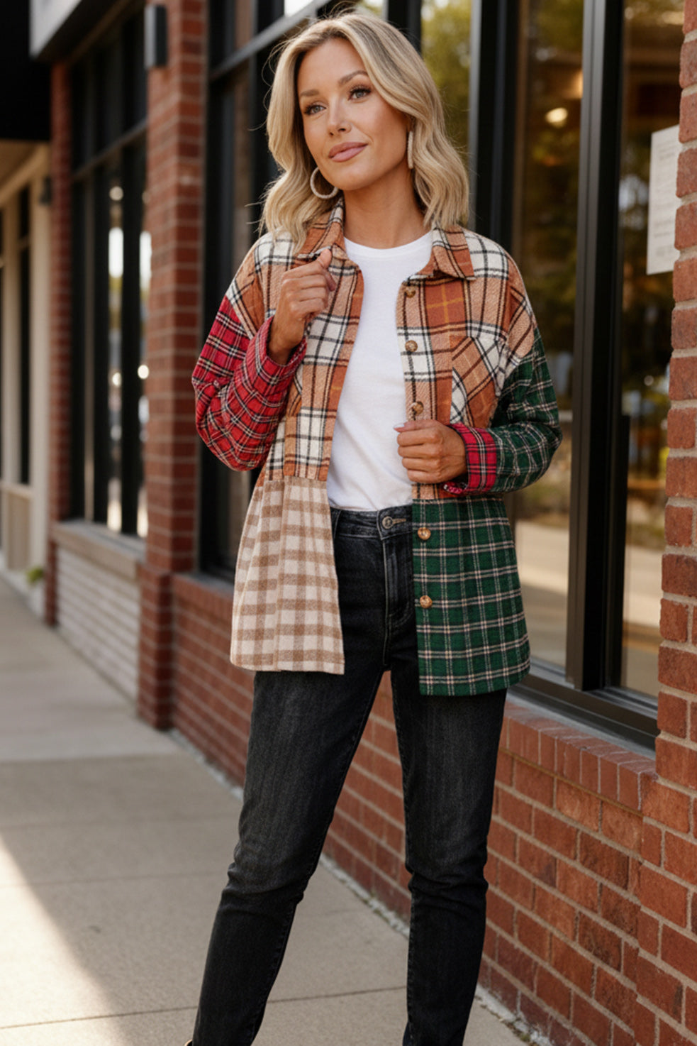 Haptics Loose Fit Multi Color Plaid Flannel Jacket with Pocket