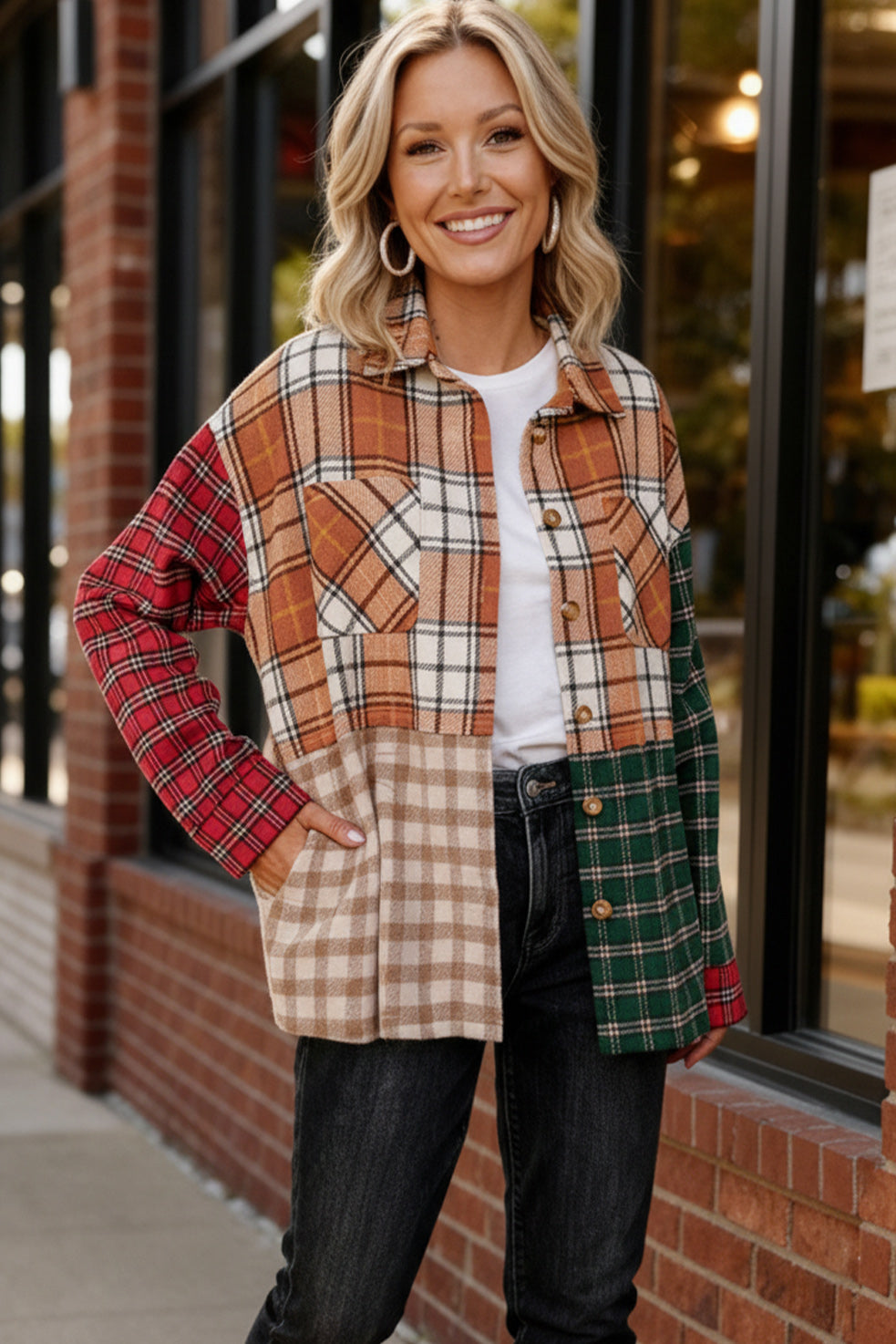 Haptics Loose Fit Multi Color Plaid Flannel Jacket with Pocket