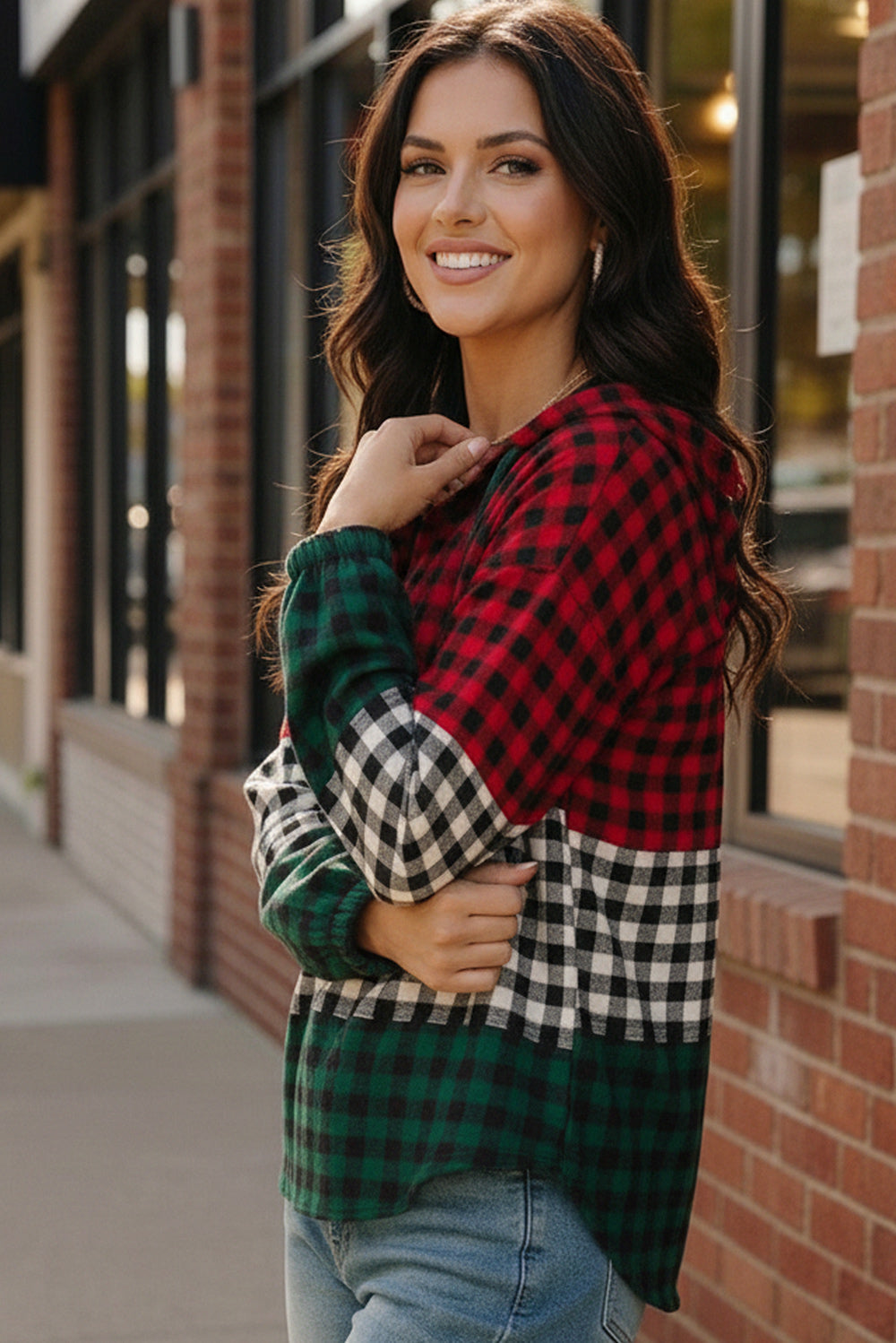 Haptics Color Block Plaid Woven Top with Hoodie