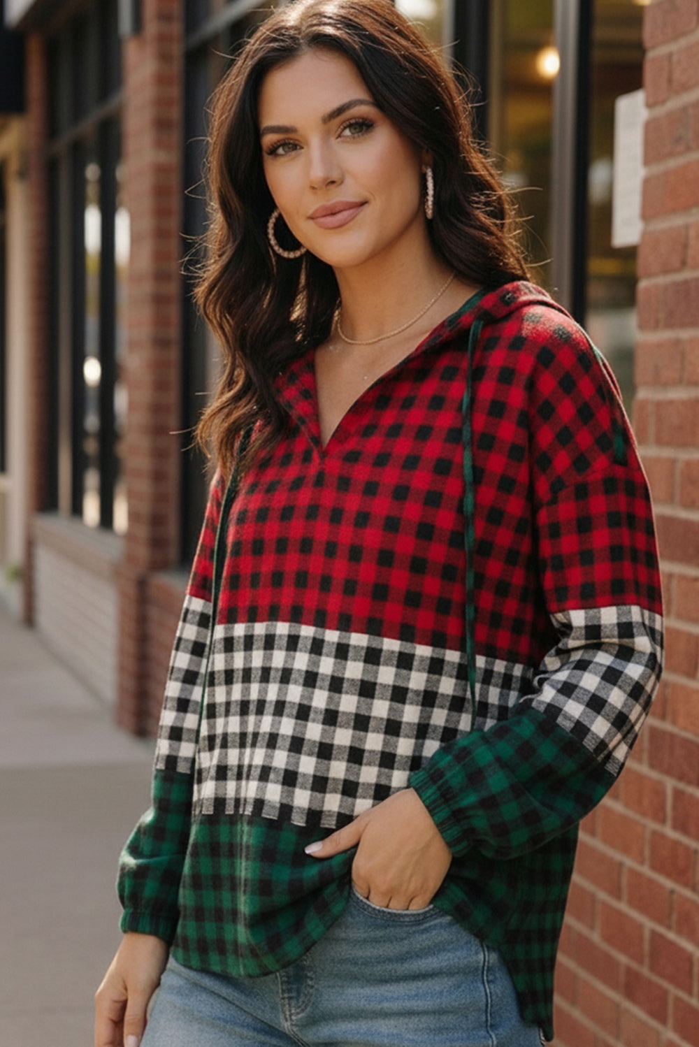 Haptics Color Block Plaid Woven Top with Hoodie