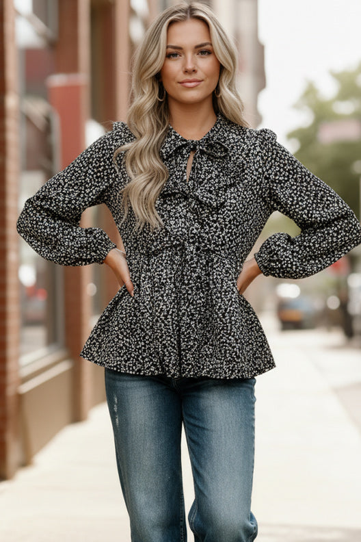 Haptics Black Floral Woven Blouse with Ribbon Bow Tie Detail