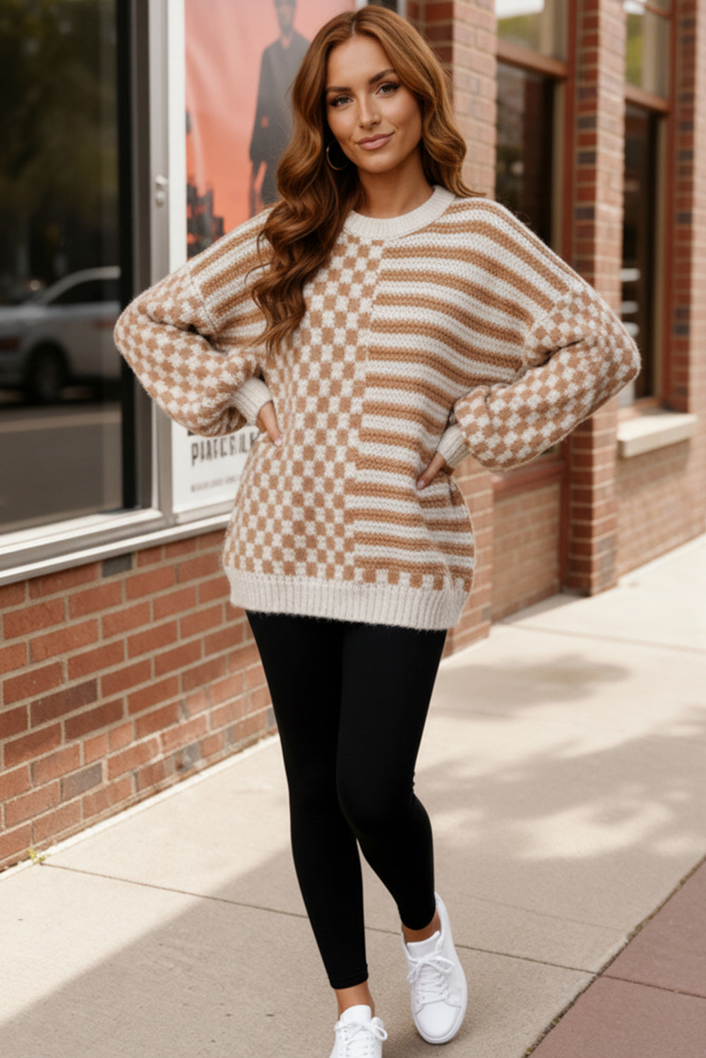 Haptics Taupe & Oatmeal Oversized Checker Stripe Pullover Sweater