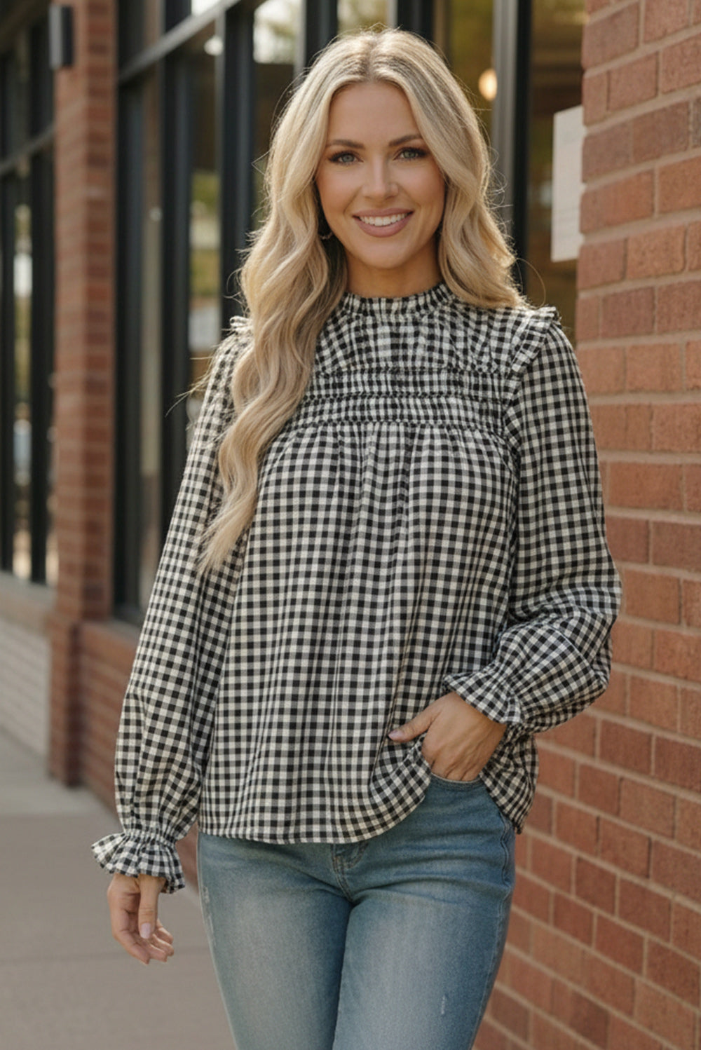 Haptics White Frilled Mock Neck Gingham Check Woven Blouse