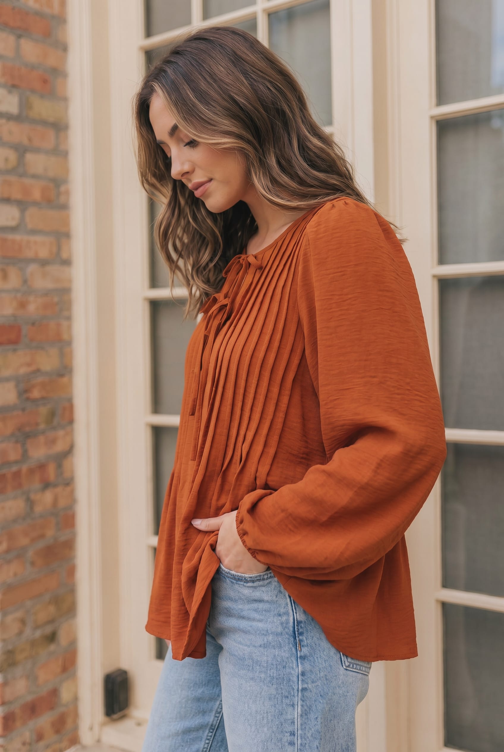 Haptics Sipping Apple Cider Tie Neck Blouse