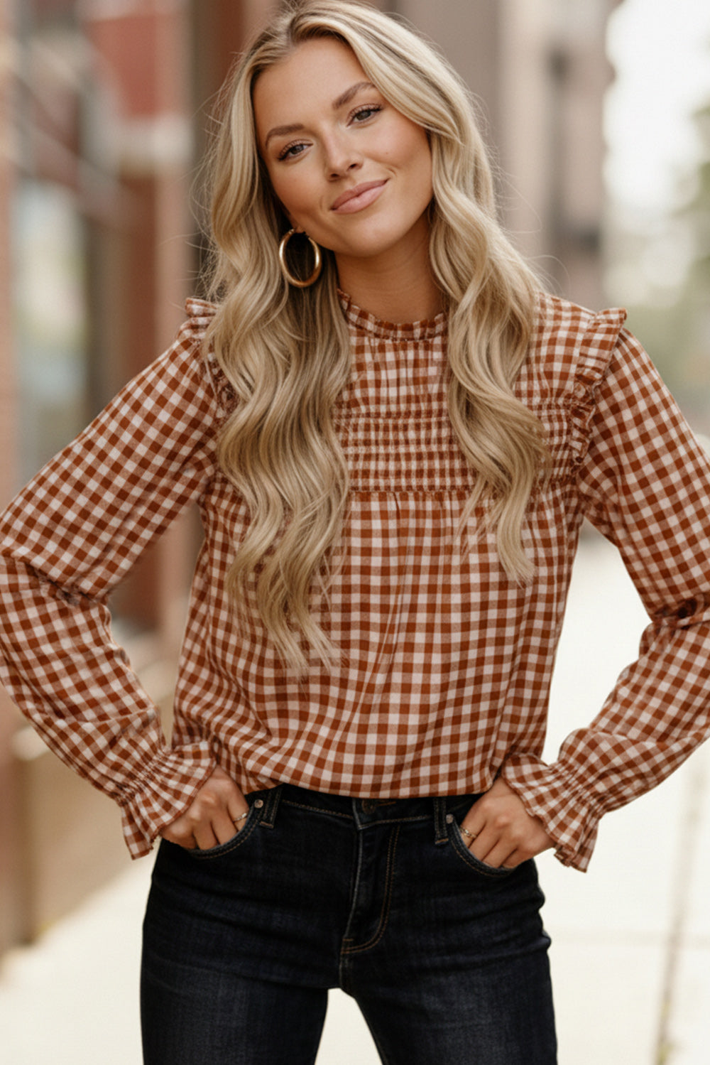 Haptics Rust Gingham Shirred Yoke Frilled Mock Neck Long Sleeve Blouse