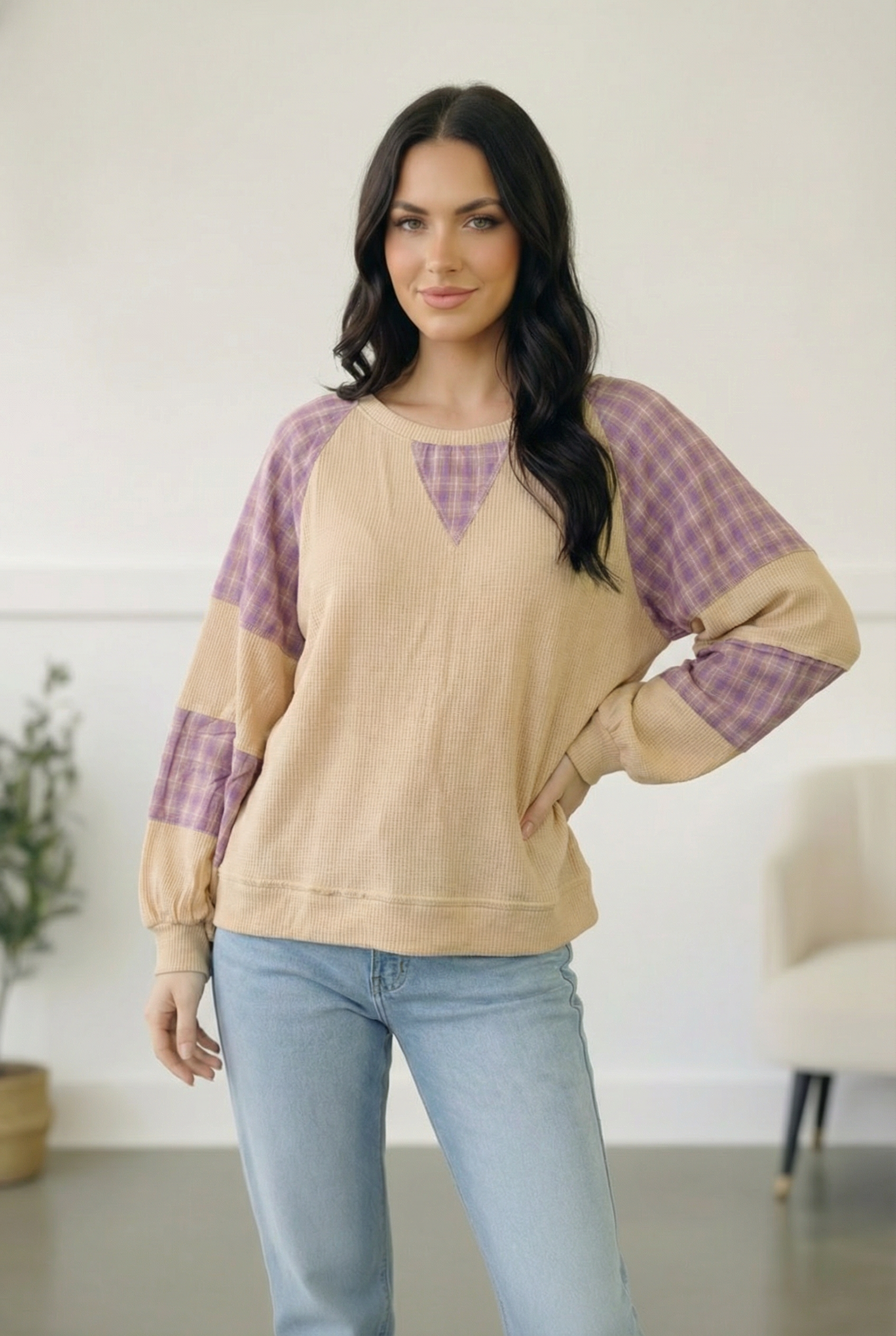 Haptics Cozy Oatmeal and Plaid Long Sleeve Thermal