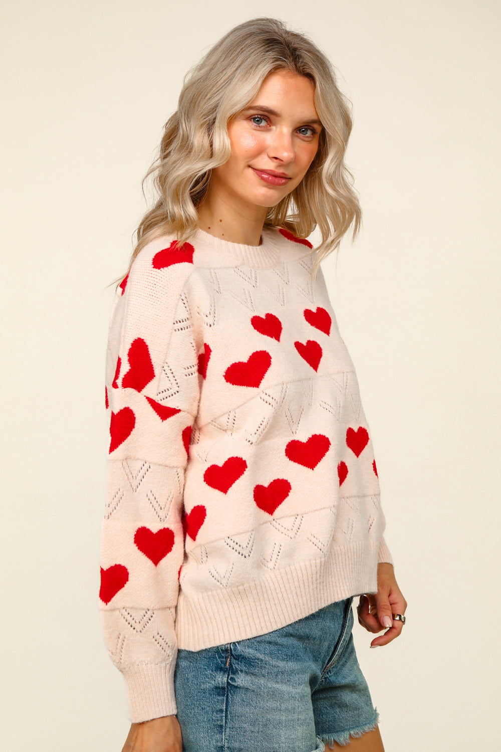 Haptics Heart Jacquard Pullover Sweater Knit Top