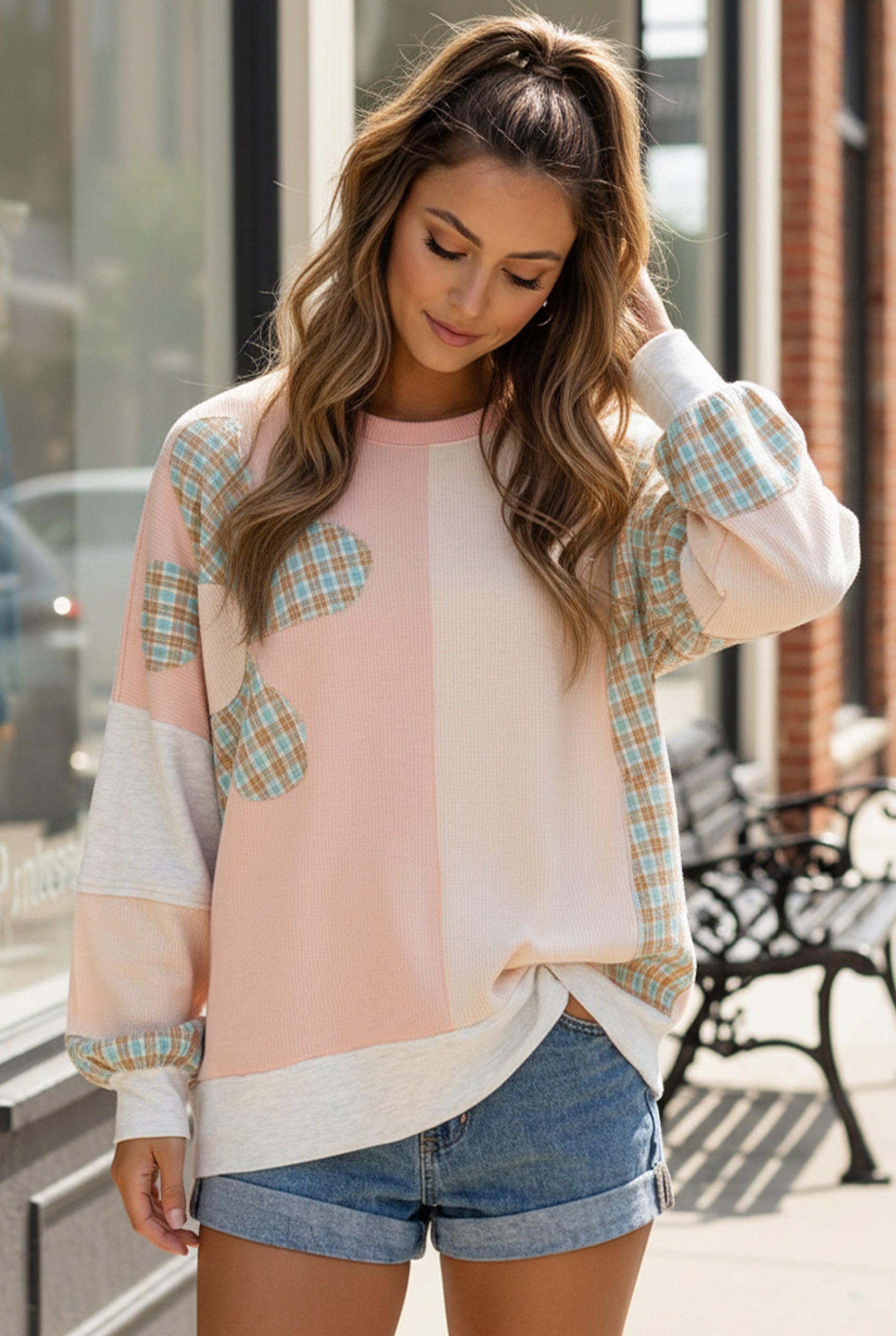 Haptics Haptics Round Neck Bubble Long Sleeve Plaid Flower Patch Color Block Pullover in Peach / Oatmeal