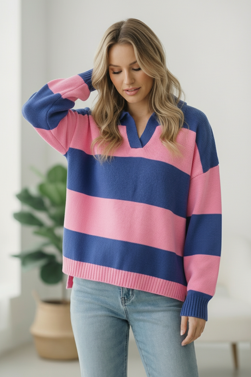 Haptics Blue and Pink Striped Sweater