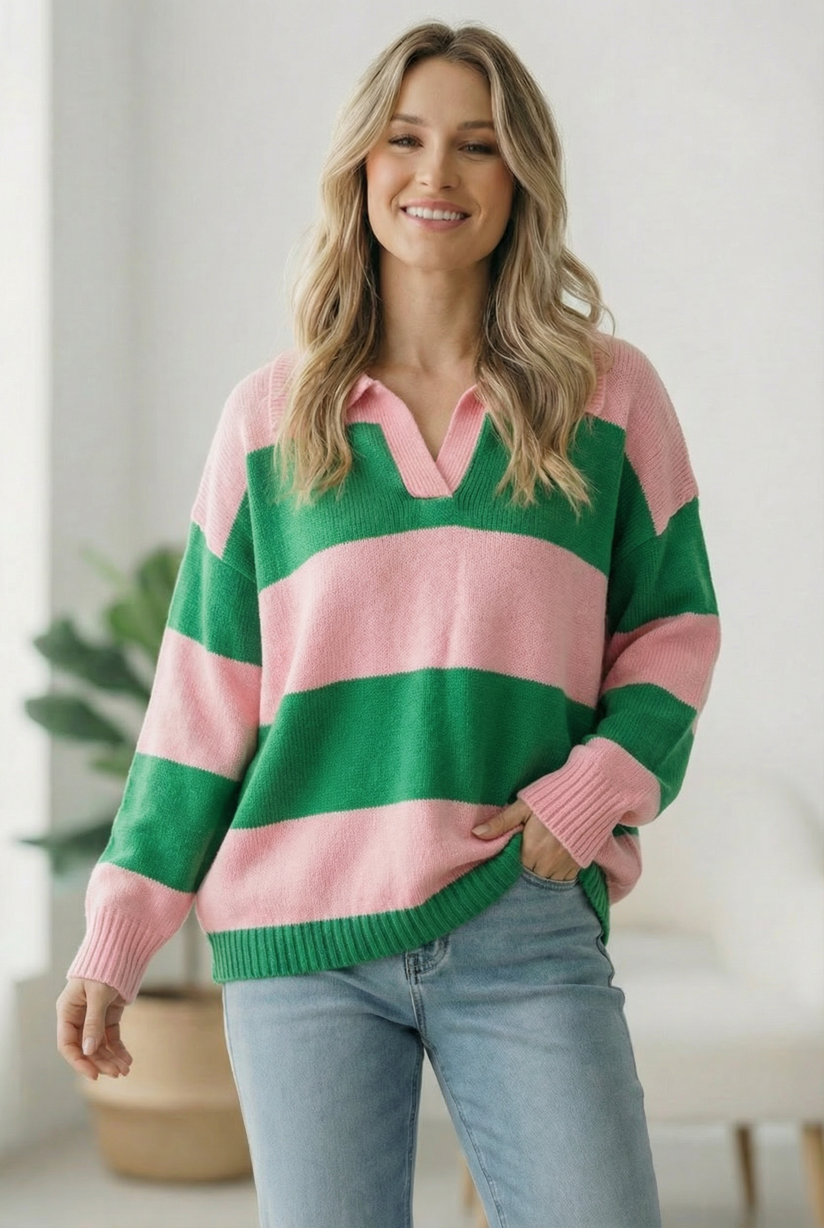 Haptics Green and Pink Stripe Sweater