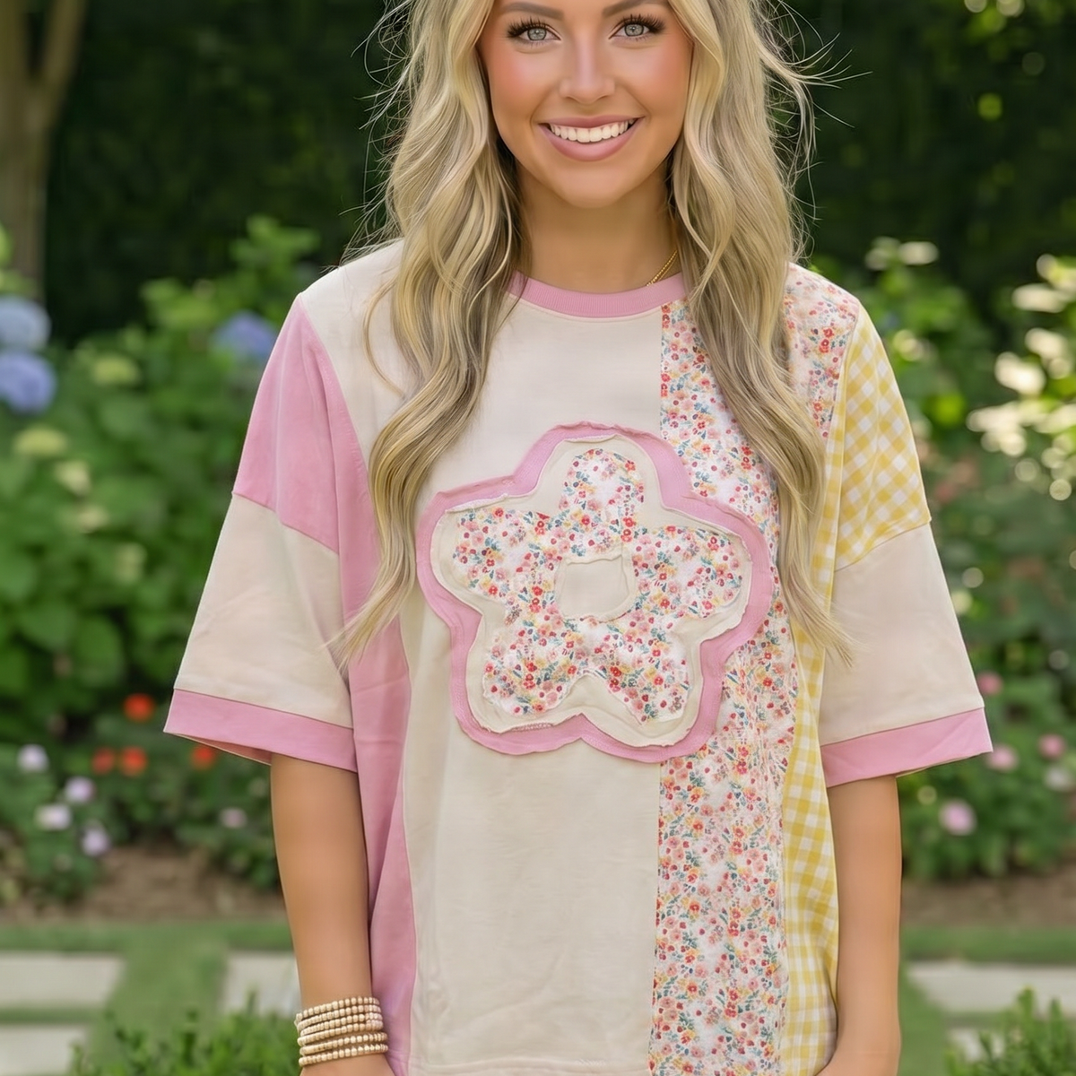 Haptics Patchwork Flower Oversized Tee in Pink and Yellow – Ruby Haptics Patchwork Flower Oversized Tee in Pink and Yellow – Ruby