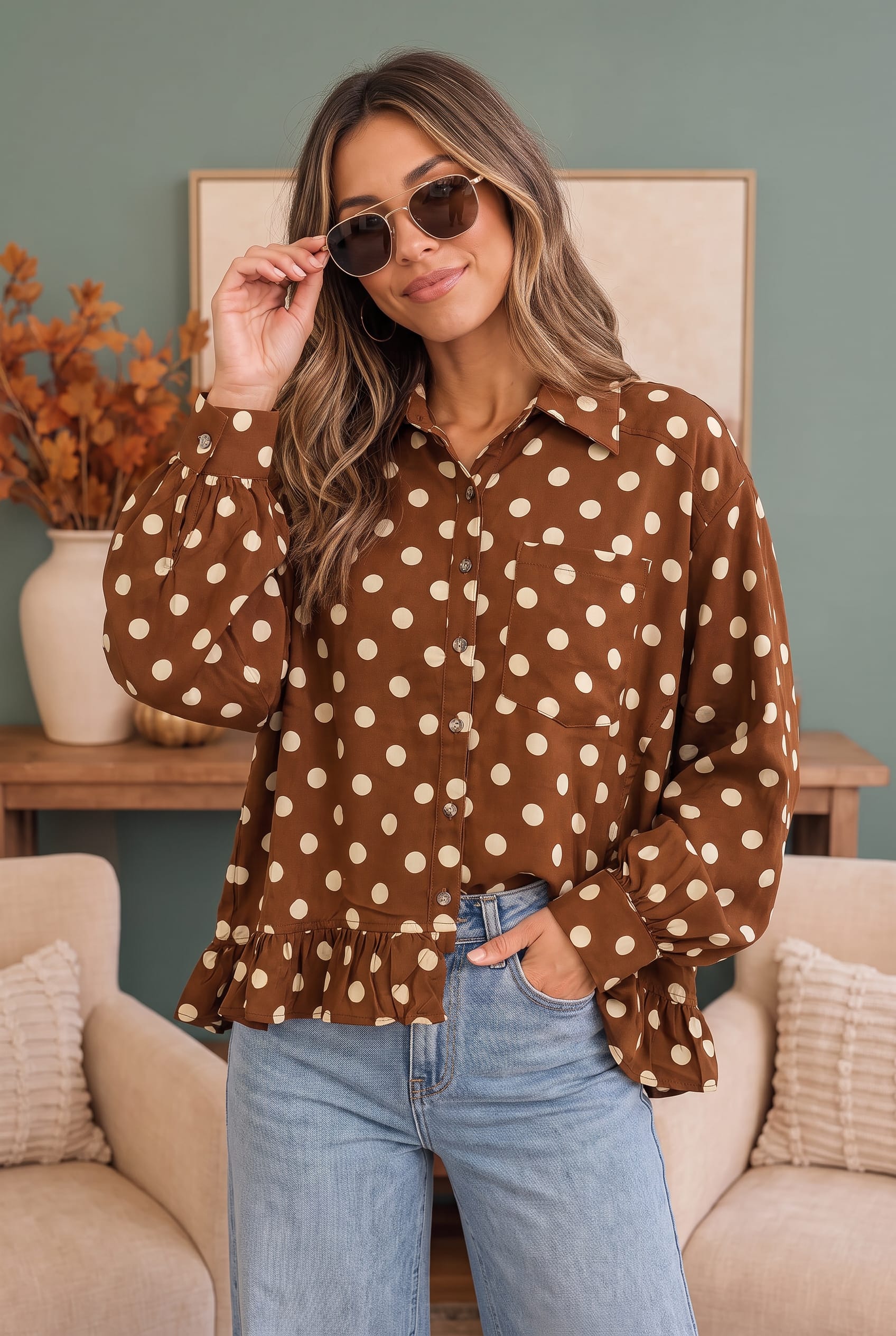 Haptics Spotted in Style Polka Dot Ruffle Blouse