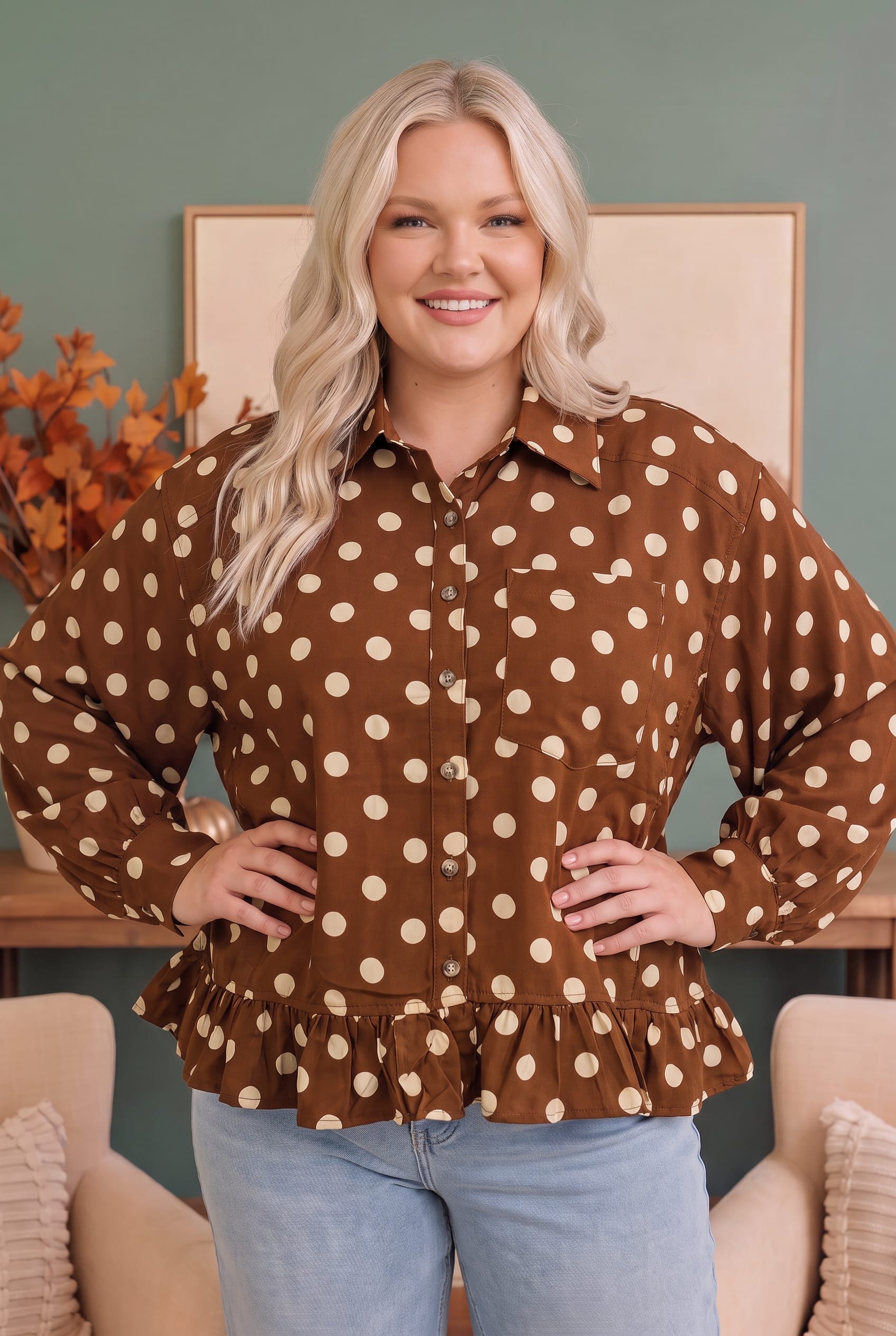 Haptics Spotted in Style Polka Dot Ruffle Blouse