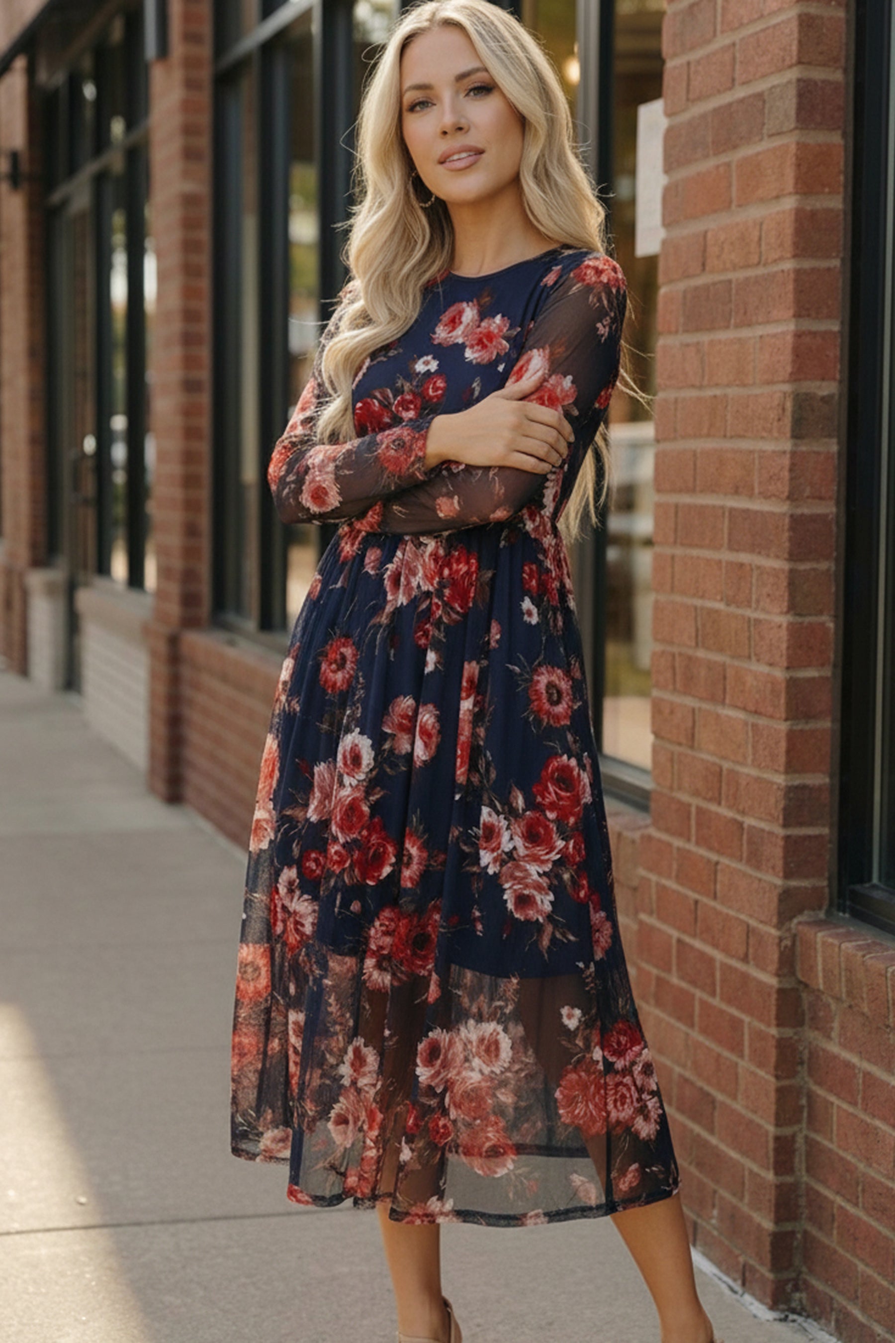 Haptics Navy Floral Mesh Midi Dress